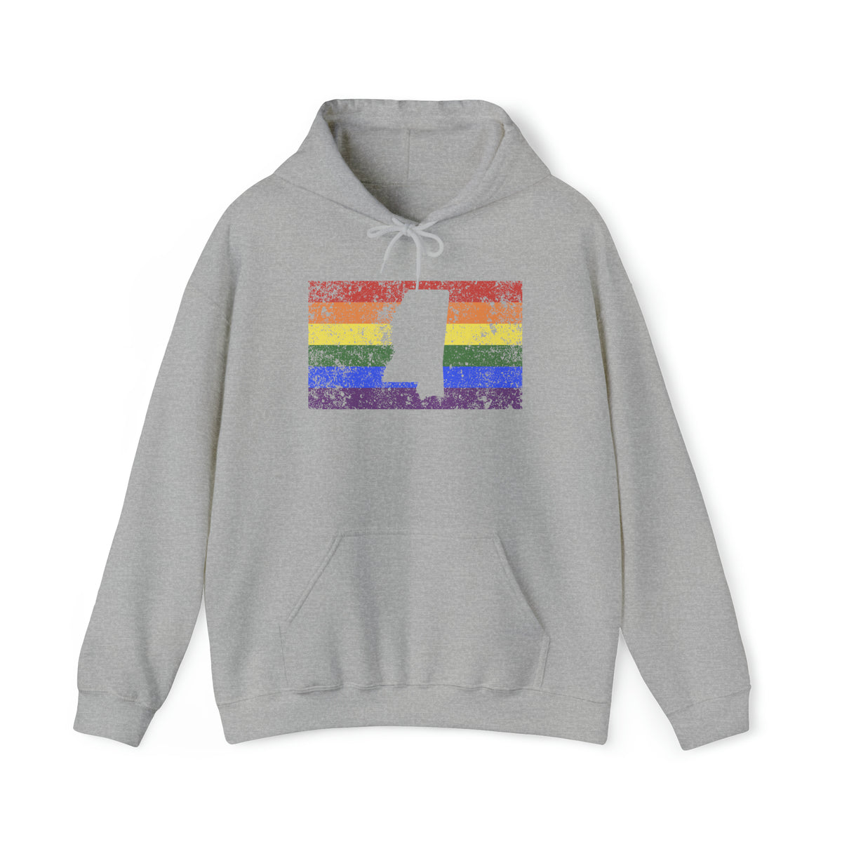 Mississippi Pride Flag Hoodie: Rainbow LGBTQ+ State Silhouette Distressed Hooded Sweatshirt
