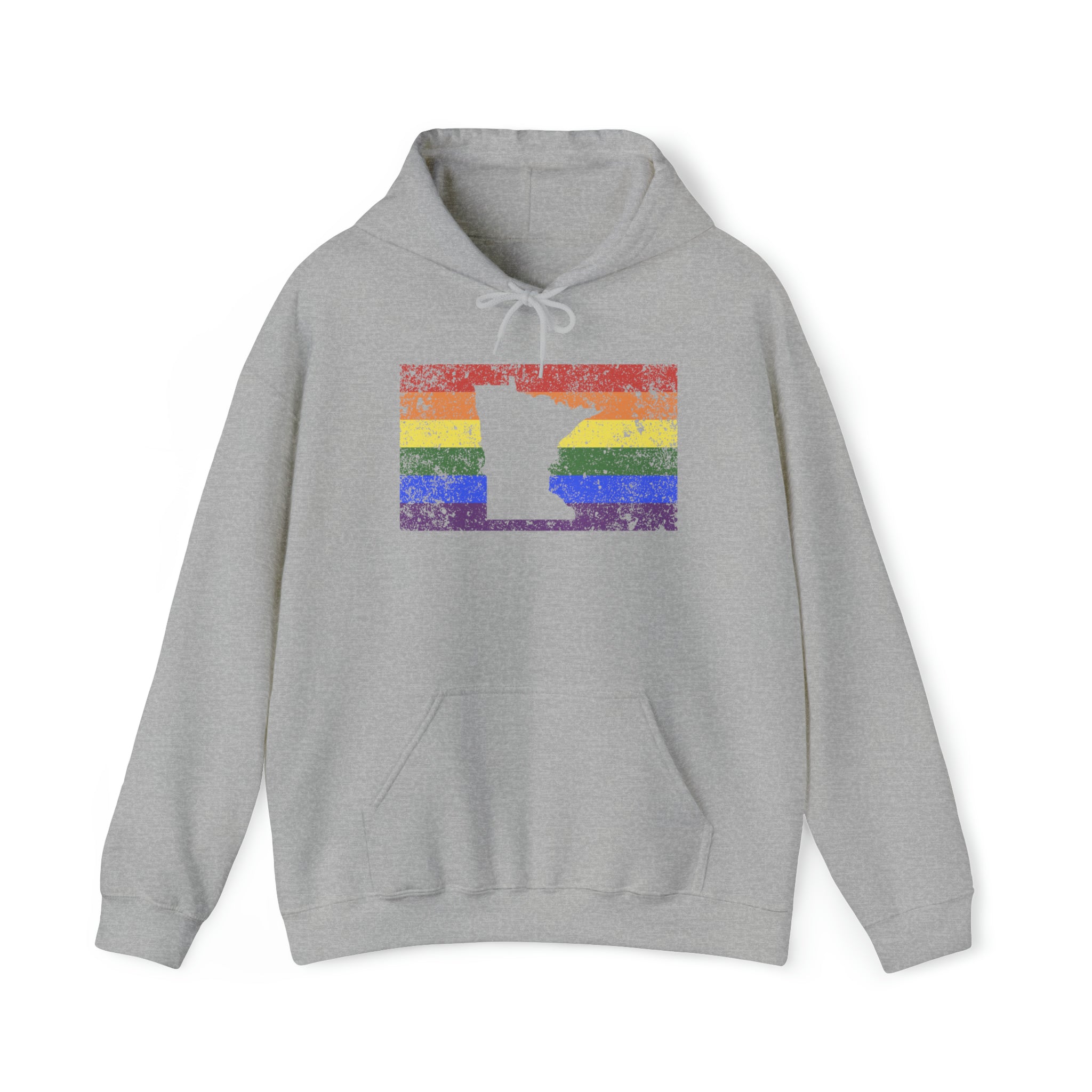 Minnesota Pride Flag Hoodie: Rainbow LGBTQ+ State Silhouette Distressed Hooded Sweatshirt