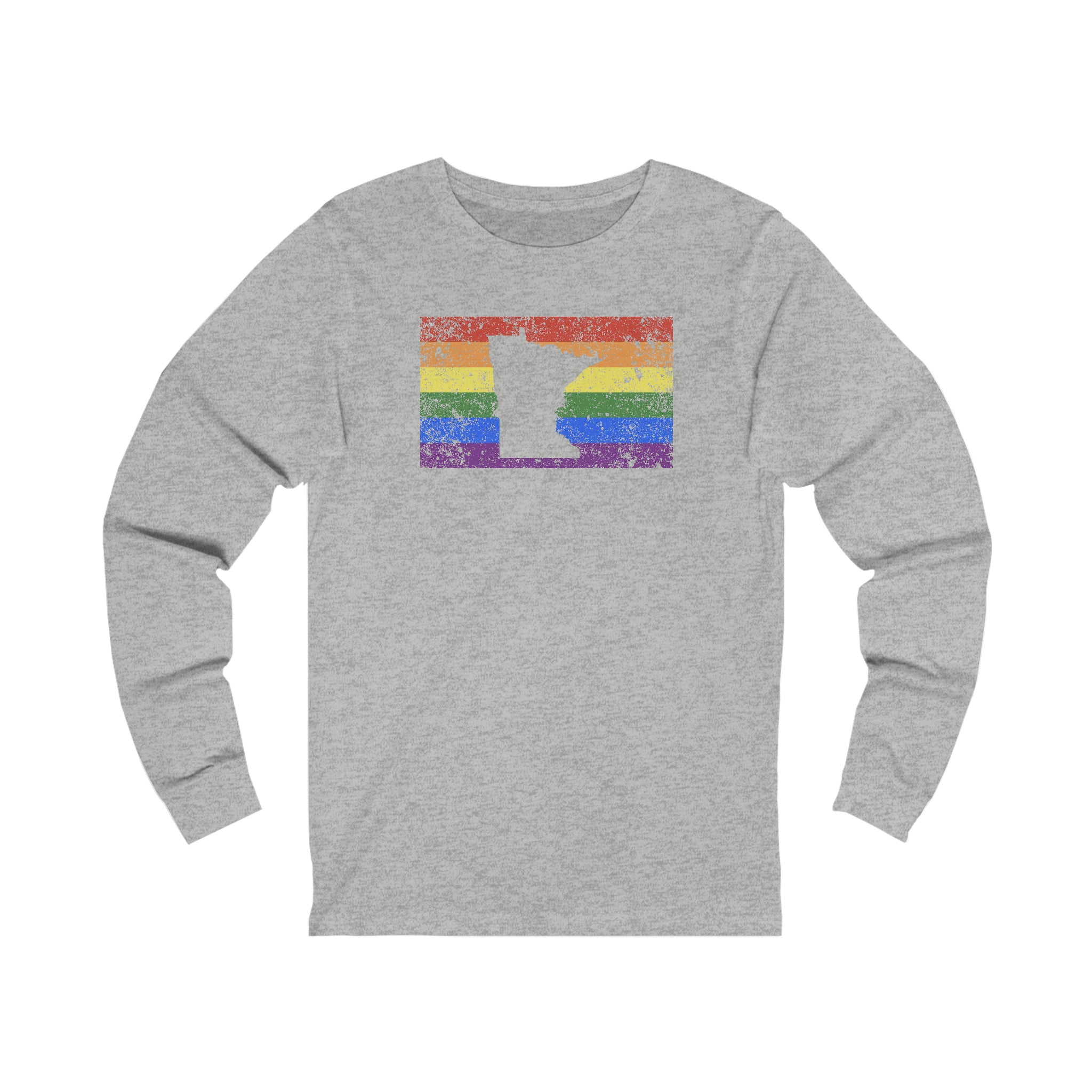 Minnesota Pride Flag Long Sleeve Tee: Rainbow LGBTQ+ State Silhouette Distressed Long Sleeve T-Shirt
