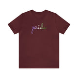 Genderqueer Pride T-Shirt: Flowing Cursive 'Pride' in Gradient Hues
