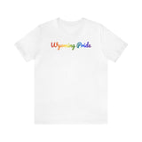 Wyoming Pride T-Shirt: Flowing Cursive Design with LGBTQ+ Gradient