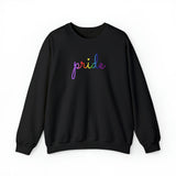 Gilbert Baker Pride Flag Sweater: Flowing Cursive 'Pride' in Gradient Hues