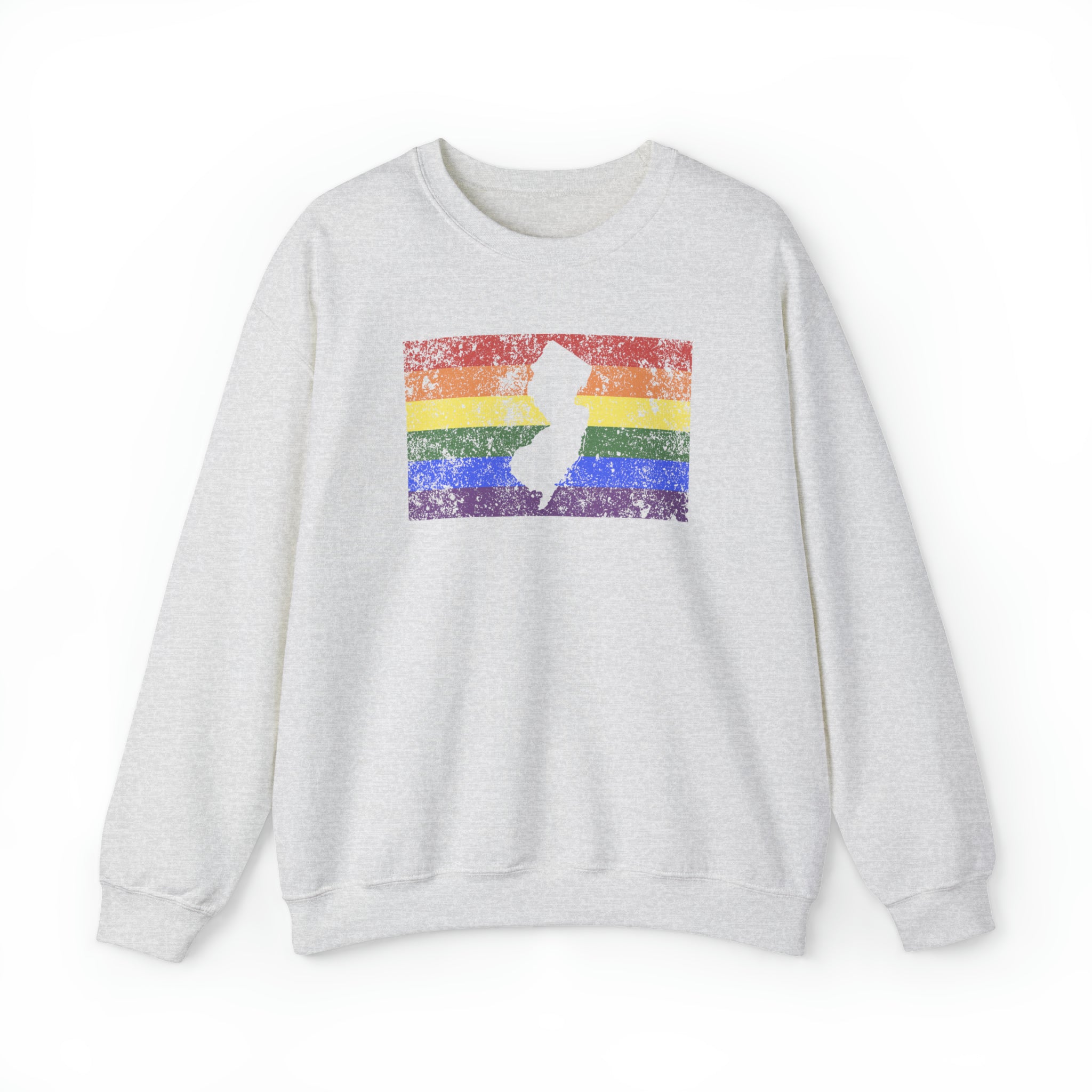 New Jersey Pride Flag Sweater: Rainbow LGBTQ+ State Silhouette Distressed Sweatshirt