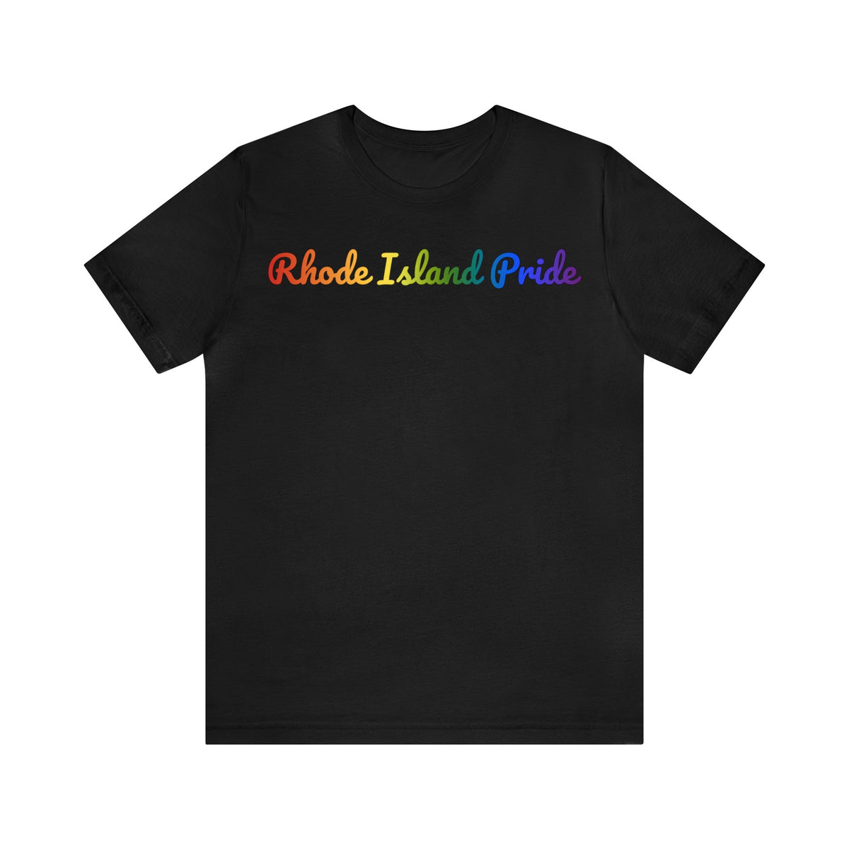 Rhode Island Pride T-Shirt: Flowing Cursive Design with LGBTQ+ Gradient