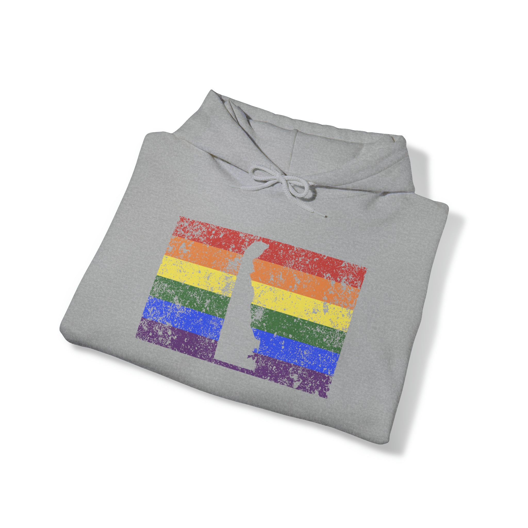 Delaware Pride Flag Hoodie: Rainbow LGBTQ+ State Silhouette Distressed Hooded Sweatshirt