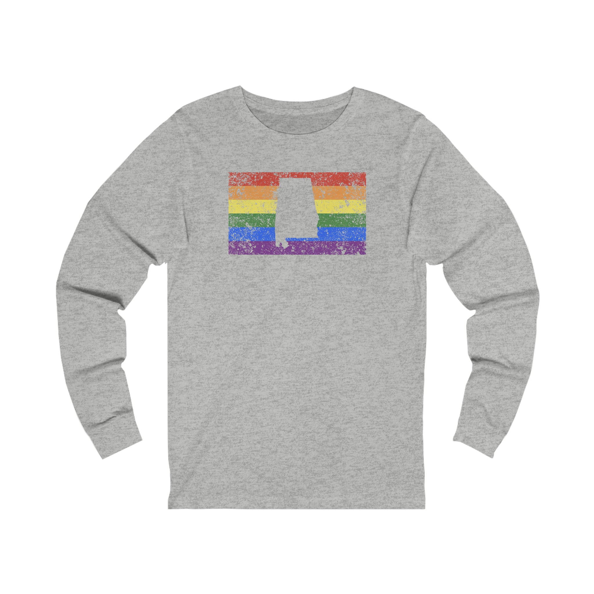 Alabama Pride Flag Long Sleeve Tee: Rainbow LGBTQ+ State Silhouette Distressed Long Sleeve T-Shirt