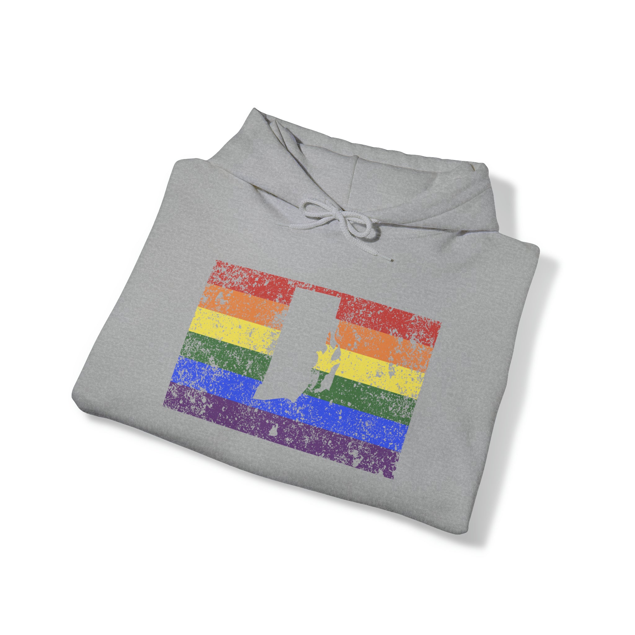 Rhode Island Pride Flag Hoodie: Rainbow LGBTQ+ State Silhouette Distressed Hooded Sweatshirt