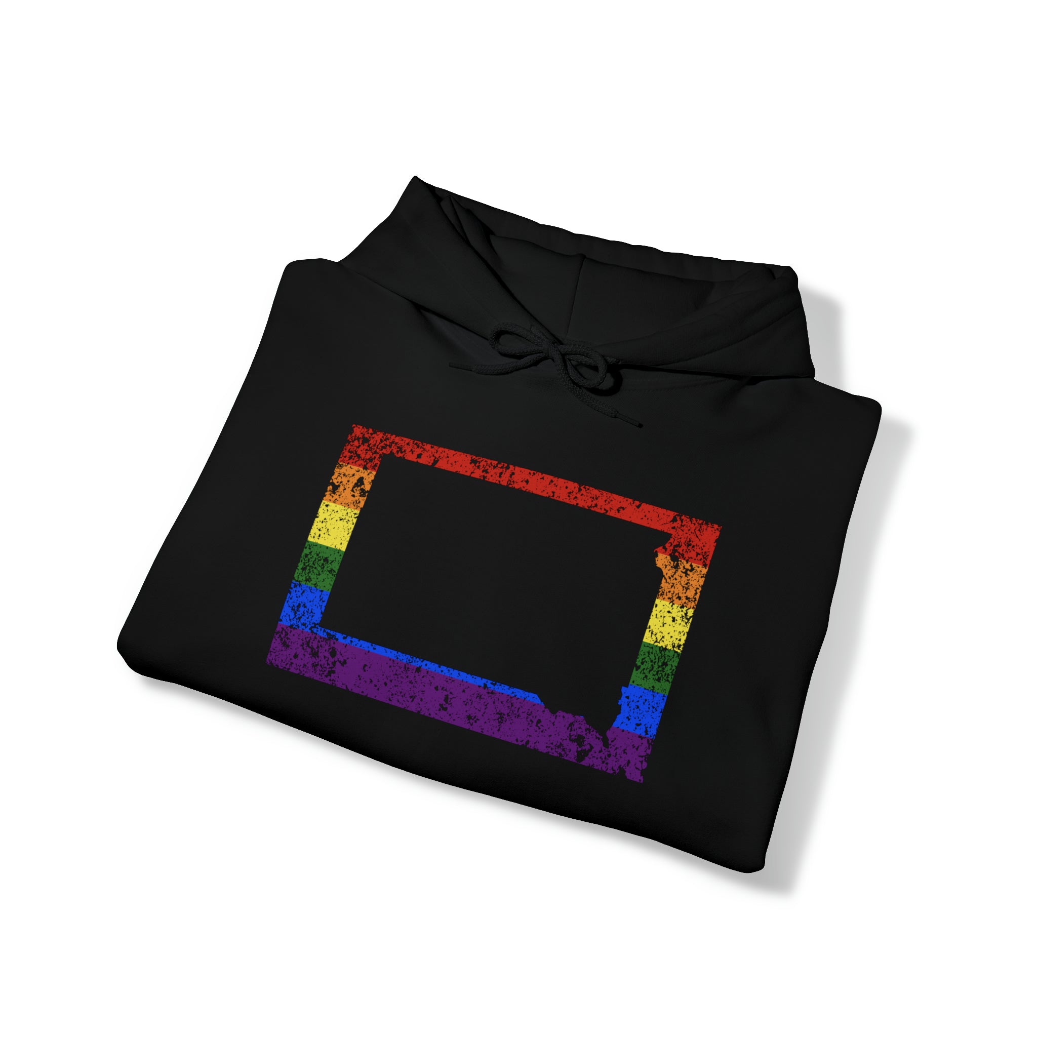 South Dakota Pride Flag Hoodie: Rainbow LGBTQ+ State Silhouette Distressed Hooded Sweatshirt