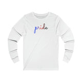 Polyamory Pride Long Sleeve T-Shirt: Flowing Cursive 'Pride' in Gradient Hues