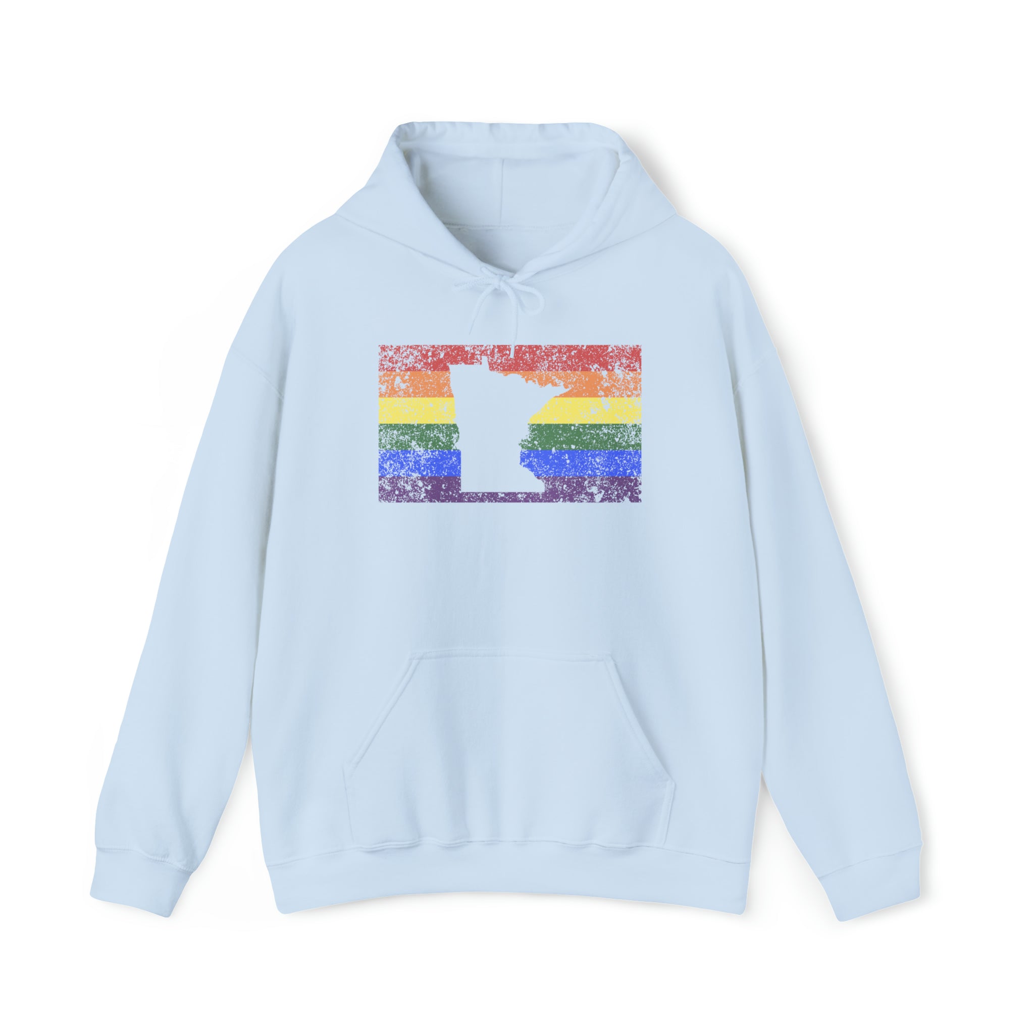 Minnesota Pride Flag Hoodie: Rainbow LGBTQ+ State Silhouette Distressed Hooded Sweatshirt