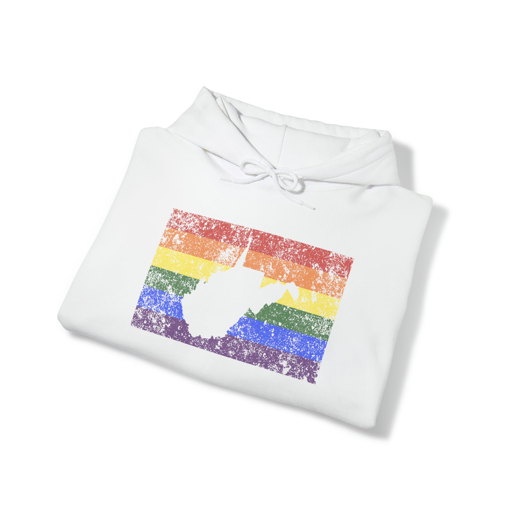 West Virginia Pride Flag Hoodie: Rainbow LGBTQ+ State Silhouette Distressed Hooded Sweatshirt