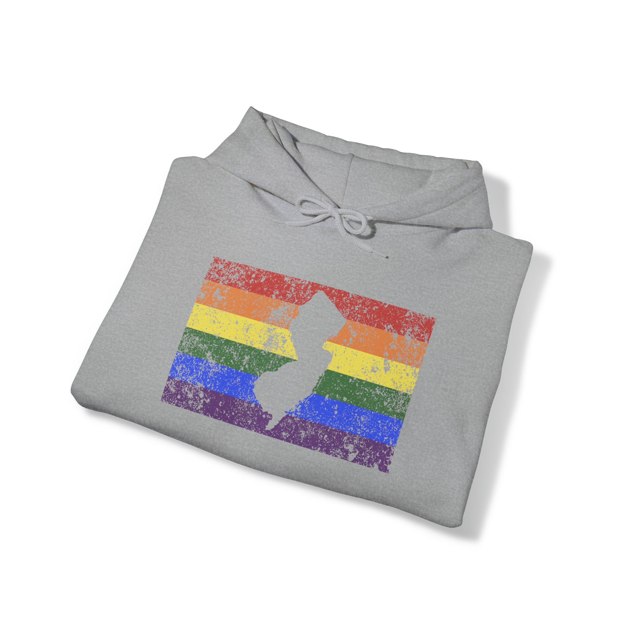 New Jersey Pride Flag Hoodie: Rainbow LGBTQ+ State Silhouette Distressed Hooded Sweatshirt