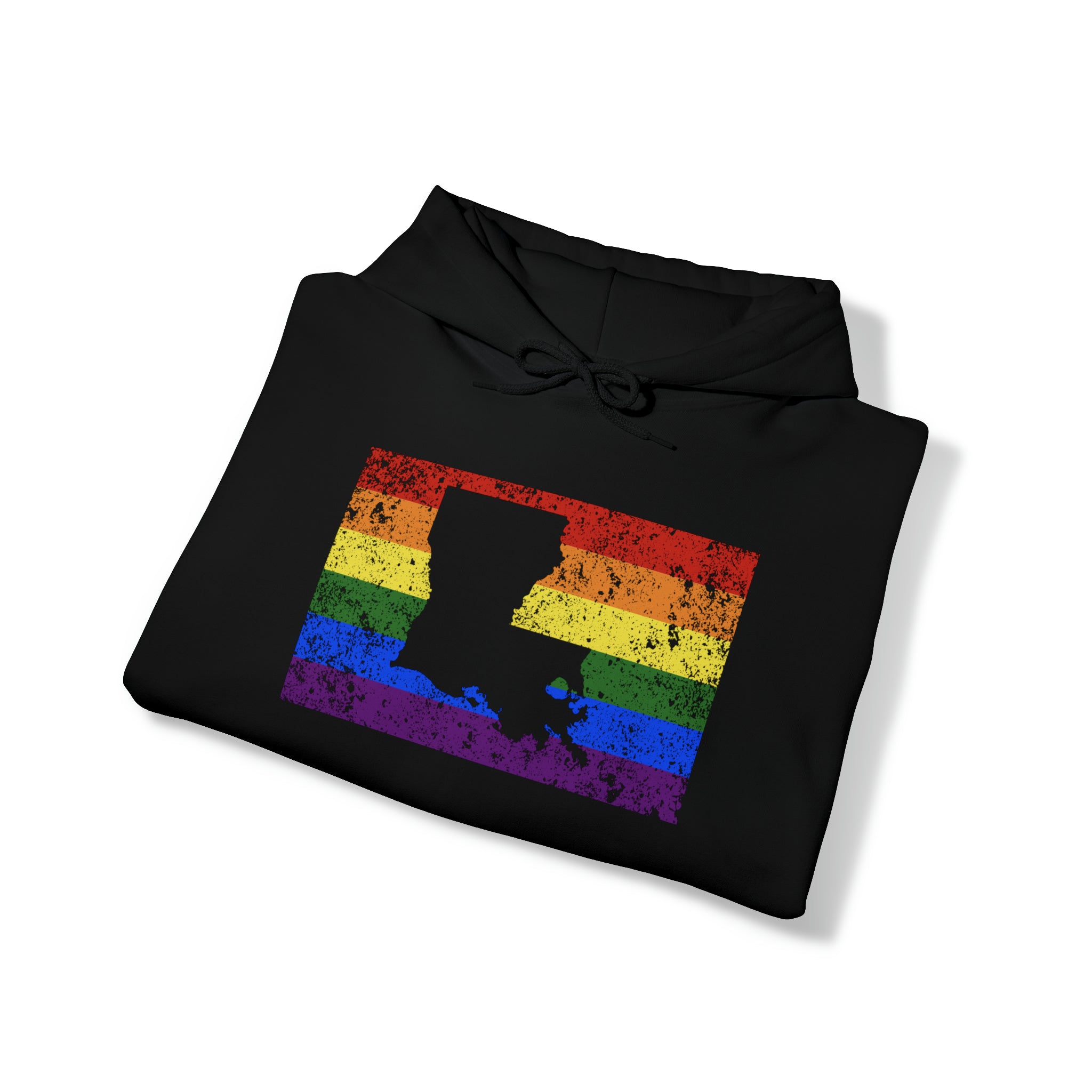 Louisiana Pride Flag Hoodie: Rainbow LGBTQ+ State Silhouette Distressed Hooded Sweatshirt