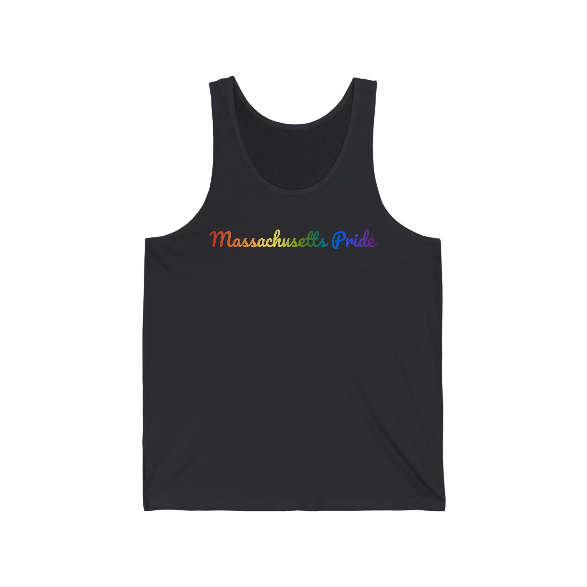 Massachusetts Pride Tank Top: Flowing Cursive Design with LGBTQ+ Gradient