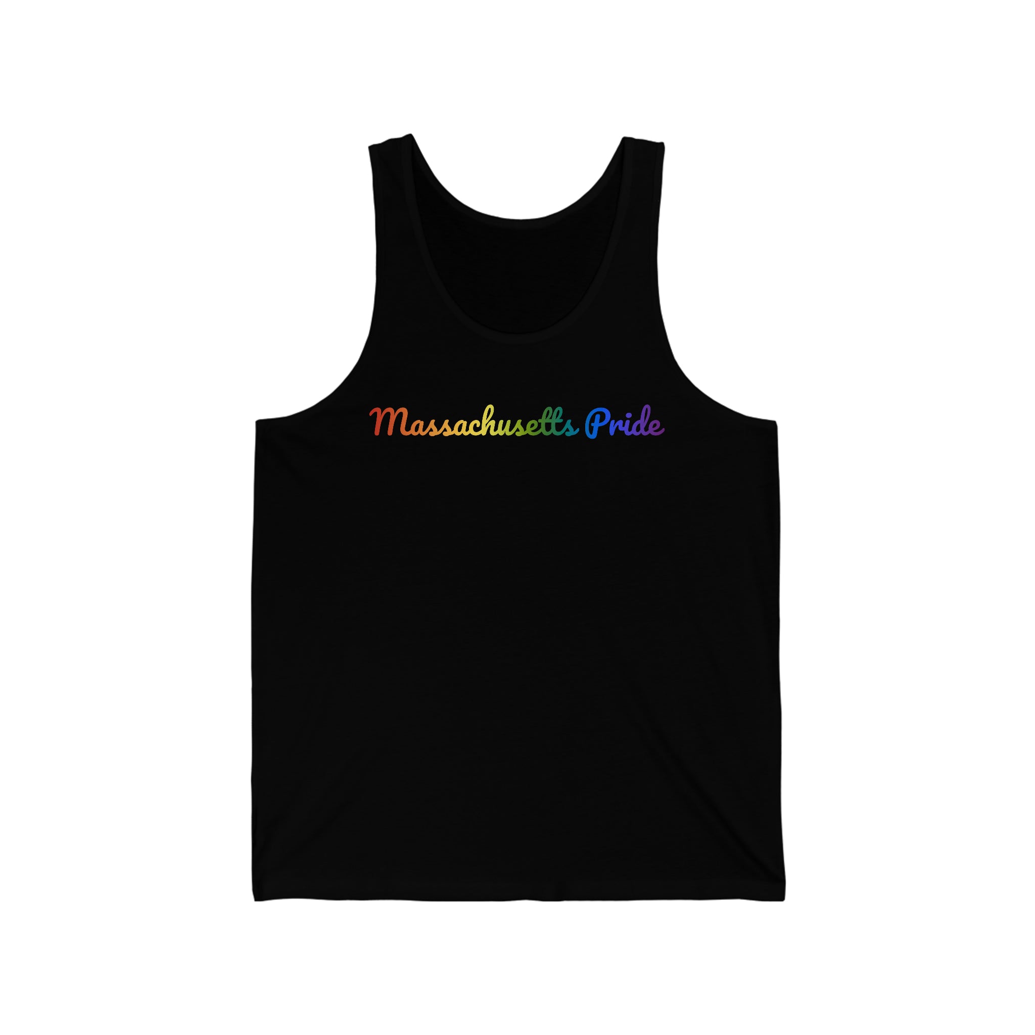 Massachusetts Pride Tank Top: Flowing Cursive Design with LGBTQ+ Gradient