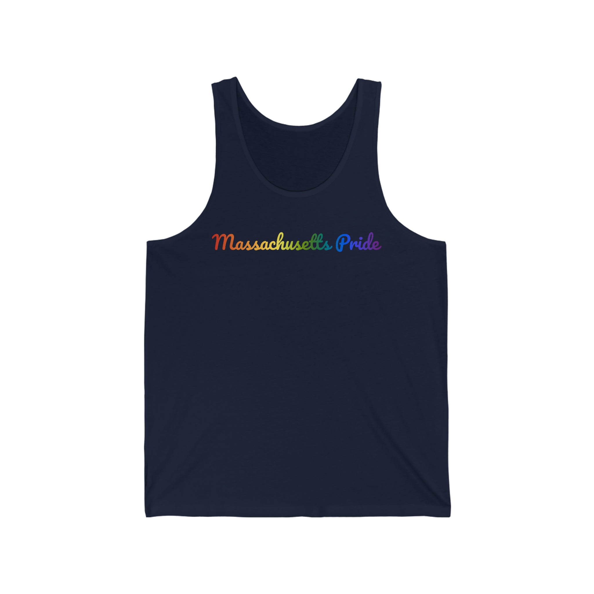Massachusetts Pride Tank Top: Flowing Cursive Design with LGBTQ+ Gradient
