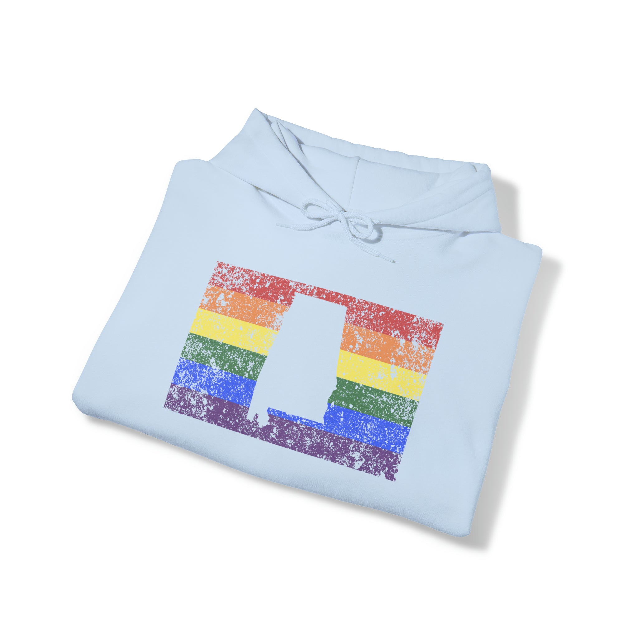 Alabama Pride Flag Hoodie: Rainbow LGBTQ+ State Silhouette Distressed Hooded Sweatshirt