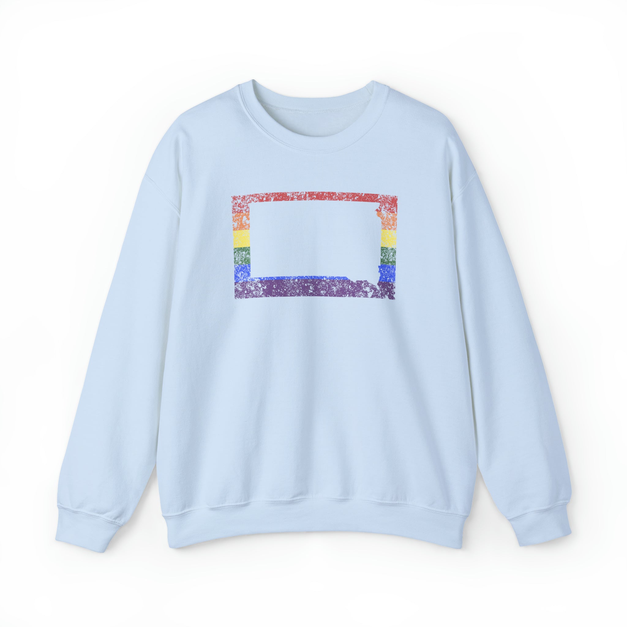 South Dakota Pride Flag Sweater: Rainbow LGBTQ+ State Silhouette Distressed Sweatshirt