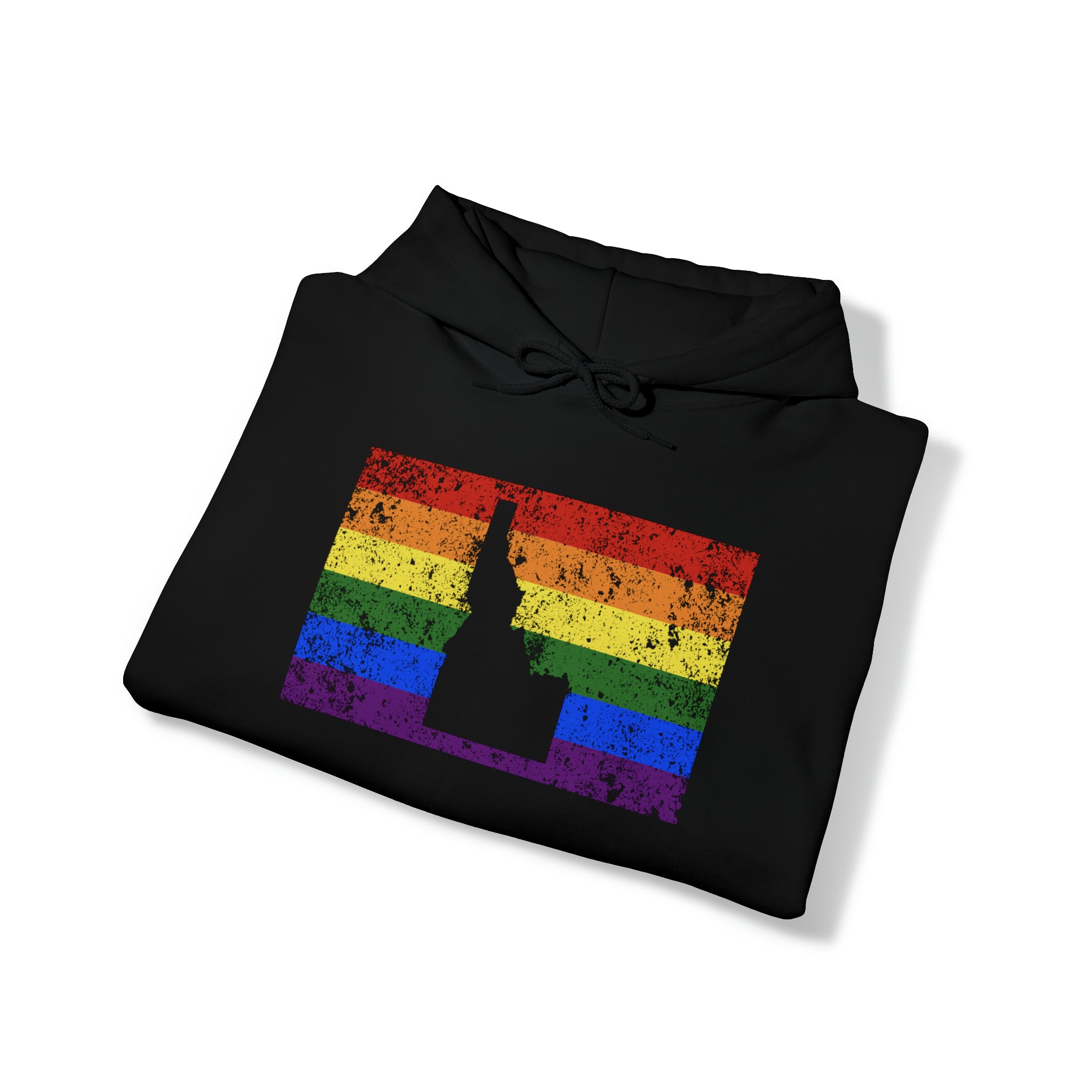 Idaho Pride Flag Hoodie: Rainbow LGBTQ+ State Silhouette Distressed Hooded Sweatshirt
