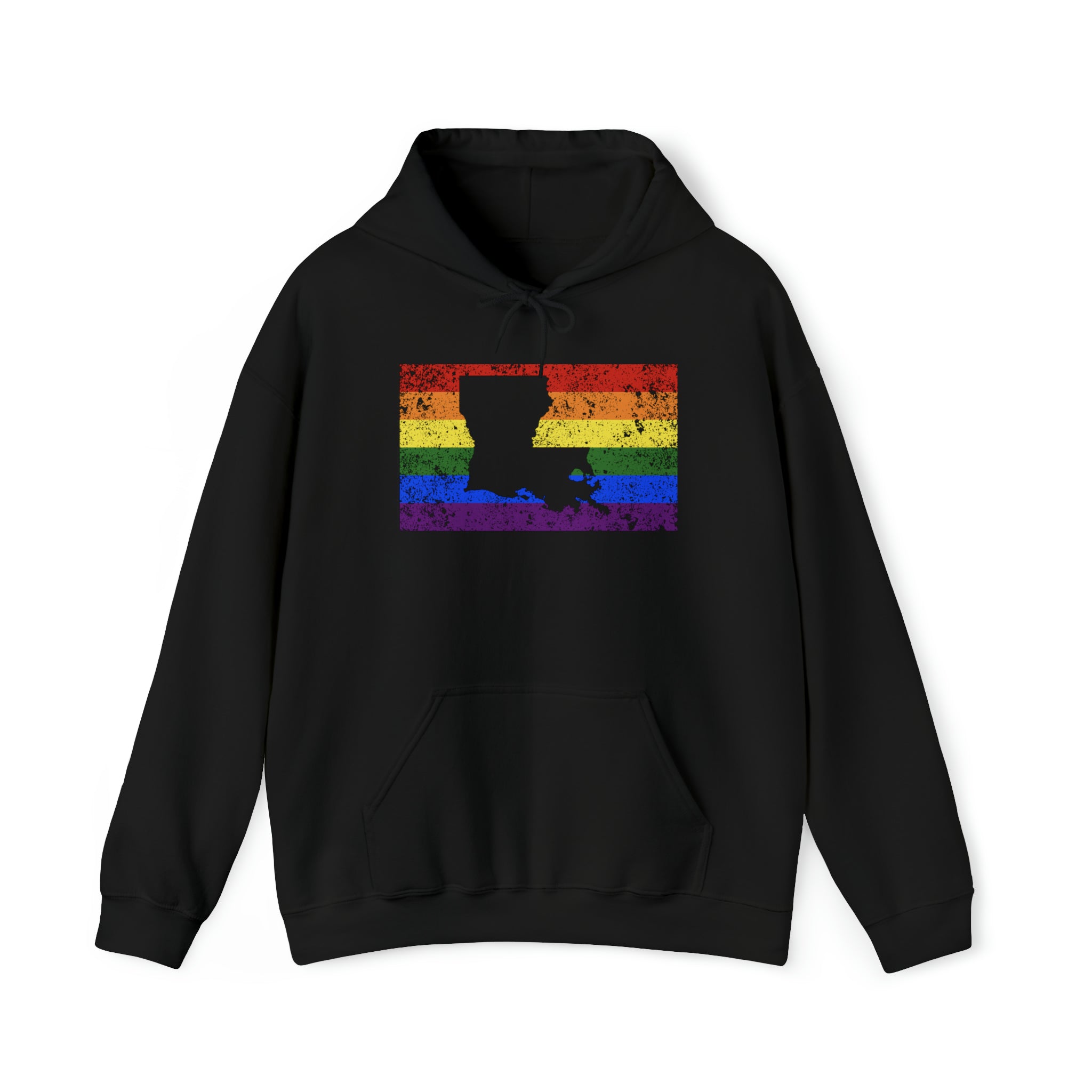 Louisiana Pride Flag Hoodie: Rainbow LGBTQ+ State Silhouette Distressed Hooded Sweatshirt