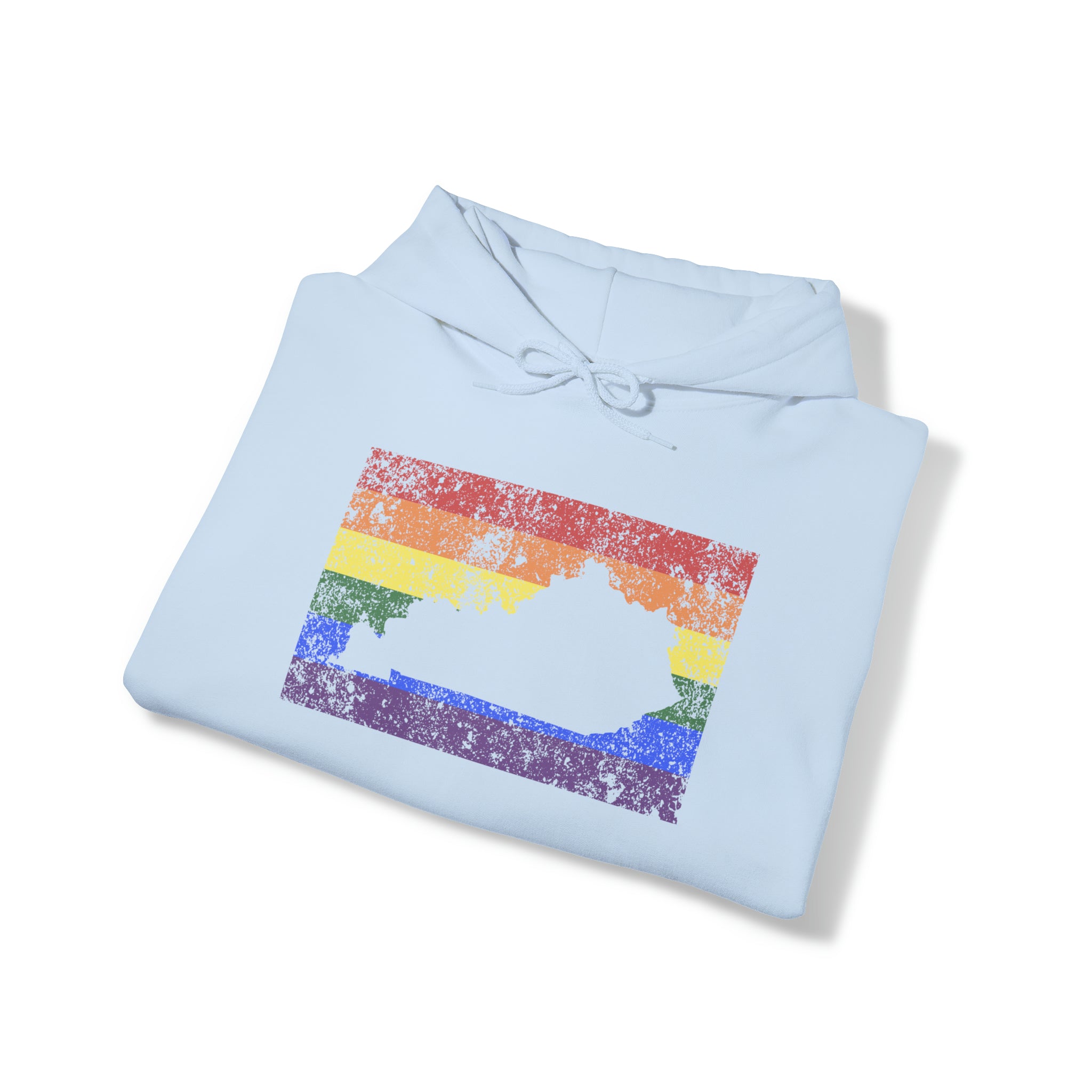 Kentucky Pride Flag Hoodie: Rainbow LGBTQ+ State Silhouette Distressed Hooded Sweatshirt
