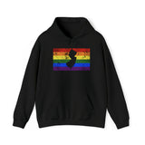 New Jersey Pride Flag Hoodie: Rainbow LGBTQ+ State Silhouette Distressed Hooded Sweatshirt