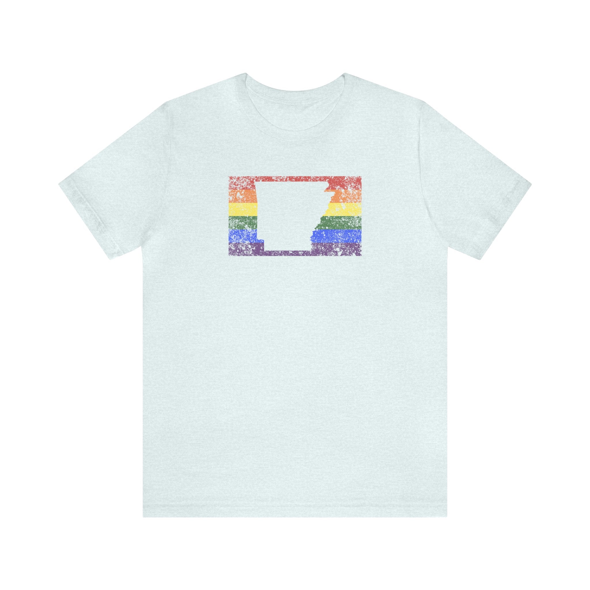 Arkansas Pride Flag Tee: Rainbow LGBTQ+ State Silhouette Distressed Shirt