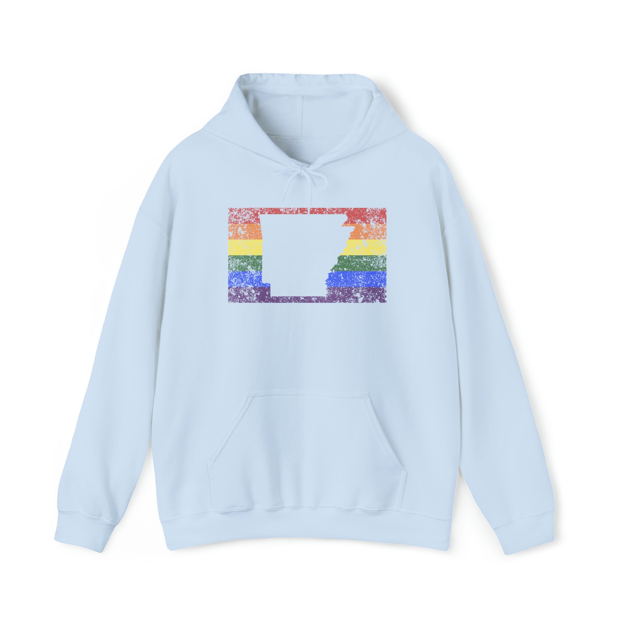 Arkansas Pride Flag Hoodie: Rainbow LGBTQ+ State Silhouette Distressed Hooded Sweatshirt