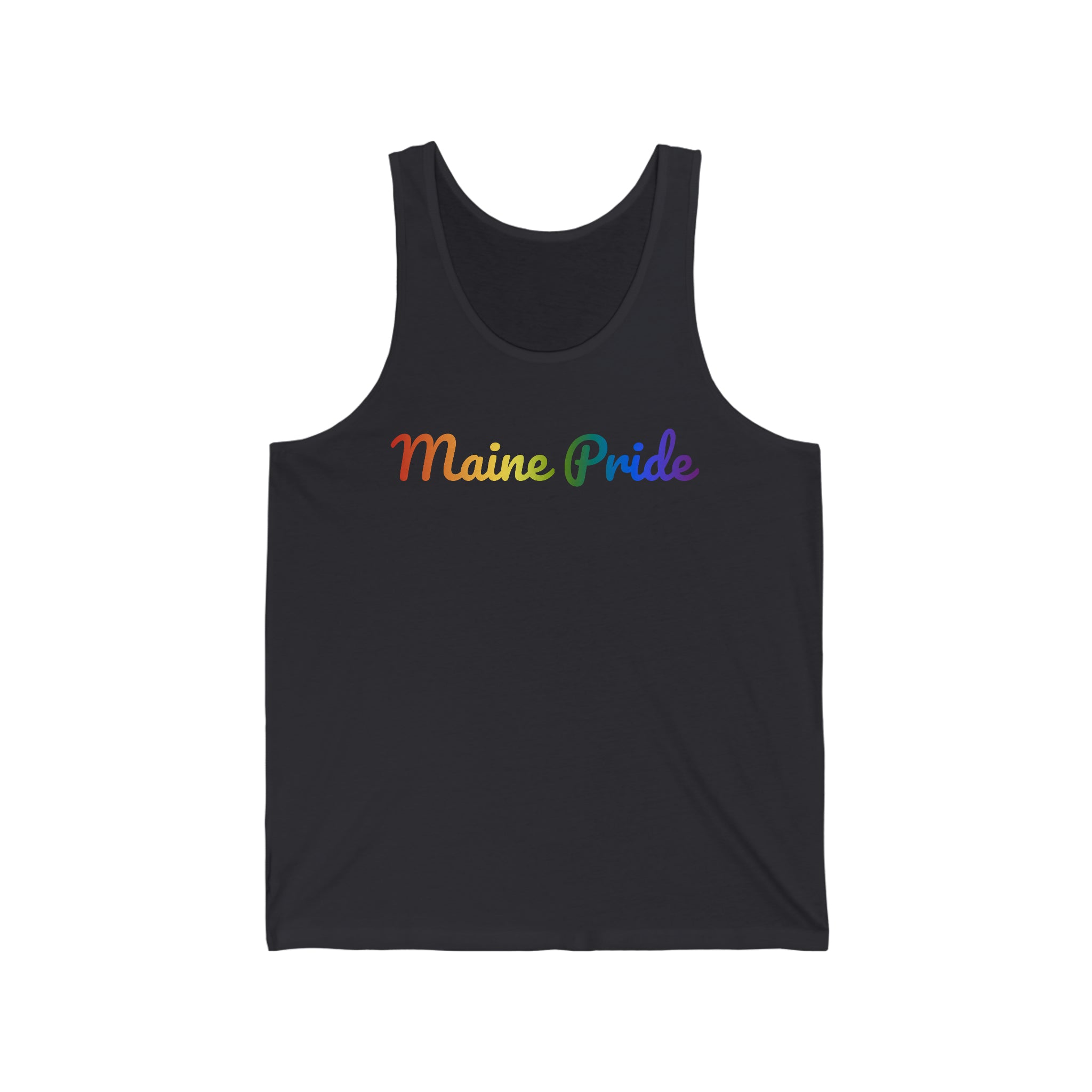 Maine Pride Tank Top: Flowing Cursive Design with LGBTQ+ Gradient