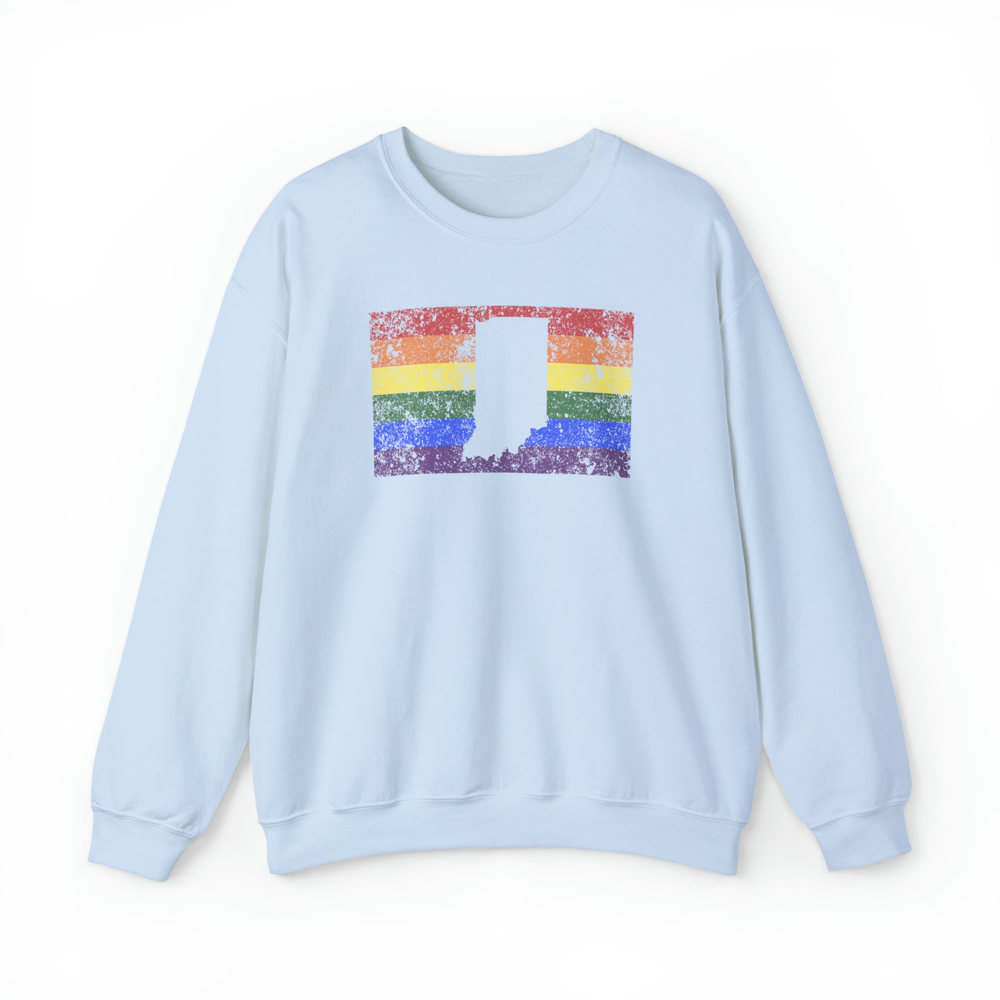 Indiana Pride Flag Sweater: Rainbow LGBTQ+ State Silhouette Distressed Sweatshirt