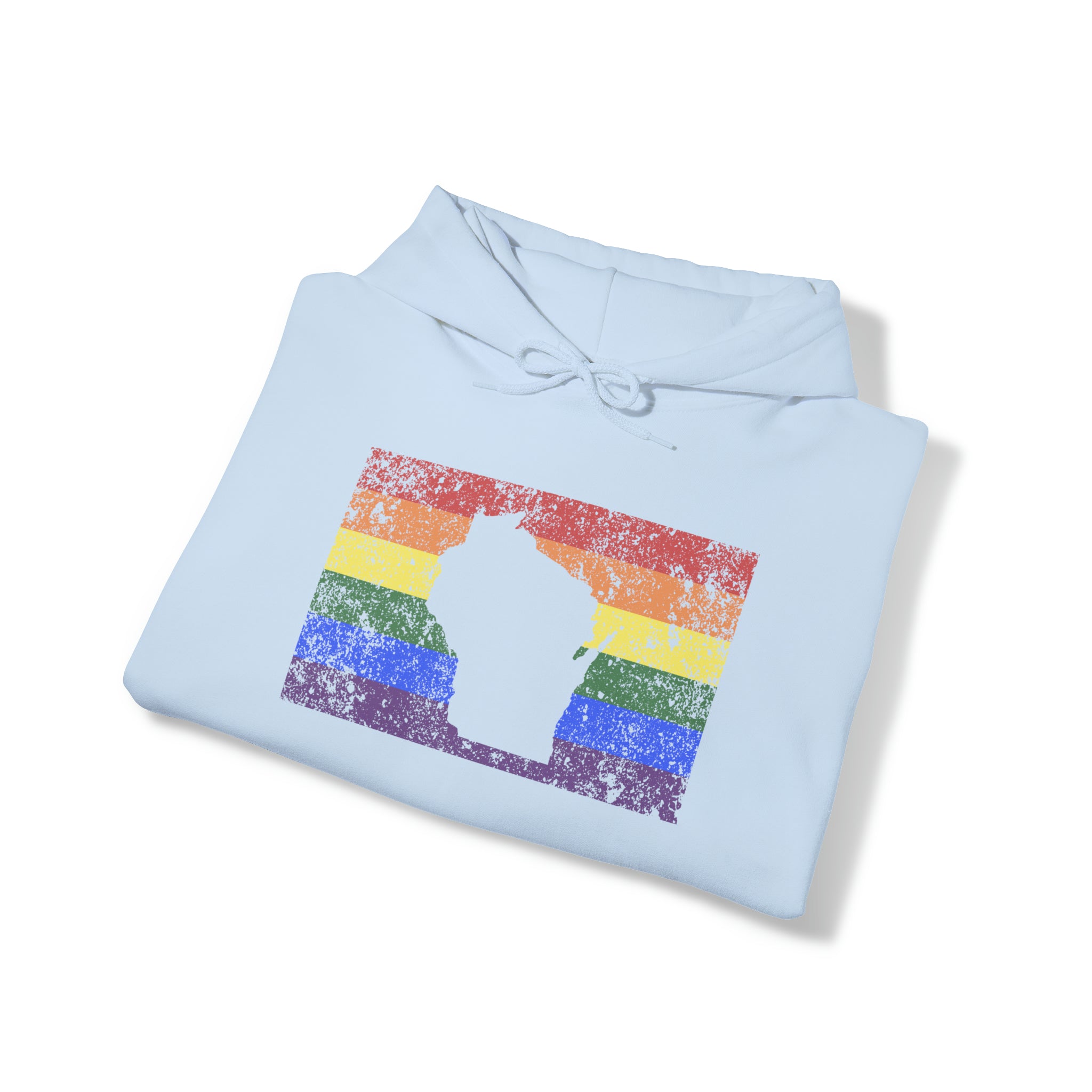 Wisconsin Pride Flag Hoodie: Rainbow LGBTQ+ State Silhouette Distressed Hooded Sweatshirt