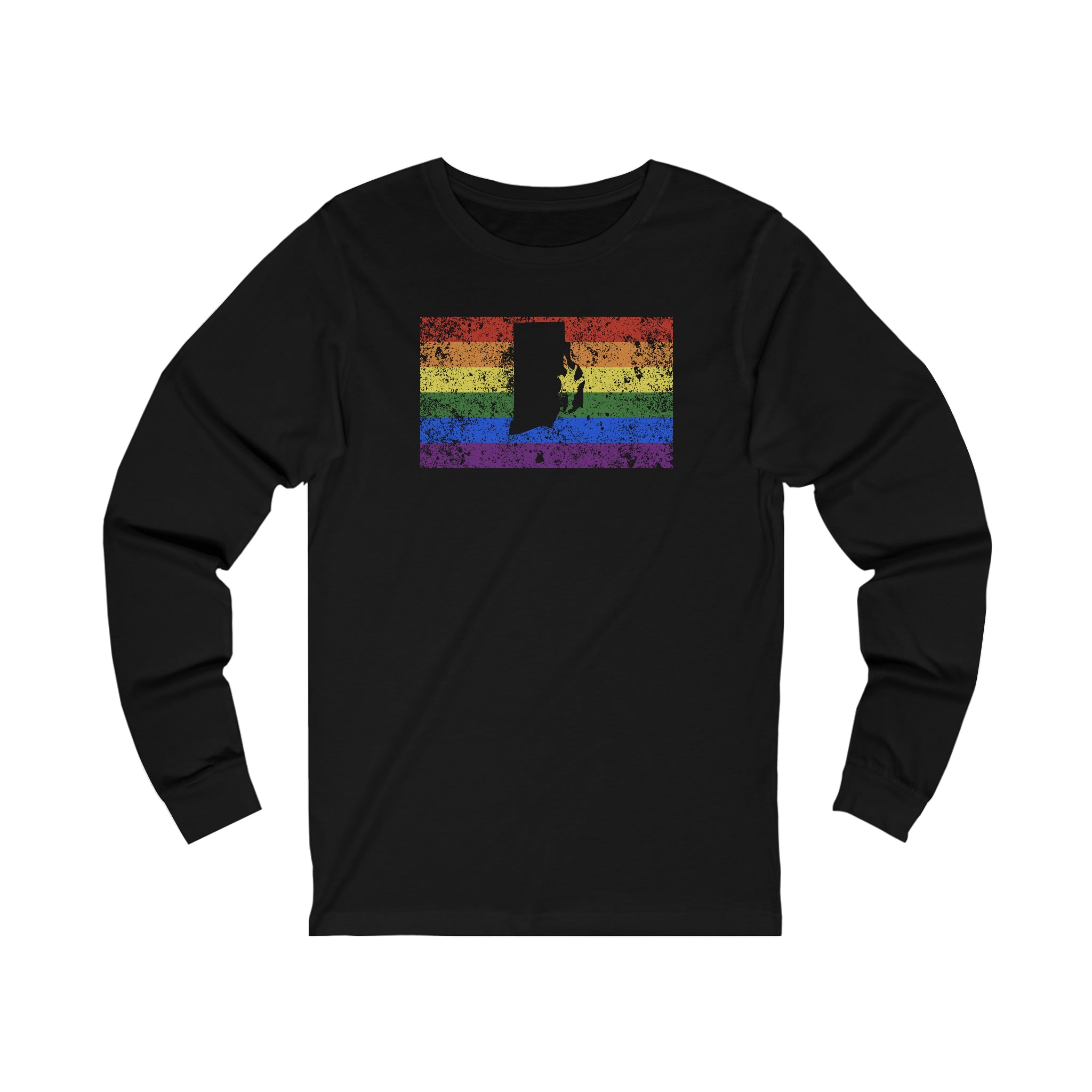 Rhode Island Pride Flag Long Sleeve Tee: Rainbow LGBTQ+ State Silhouette Distressed Long Sleeve T-Shirt