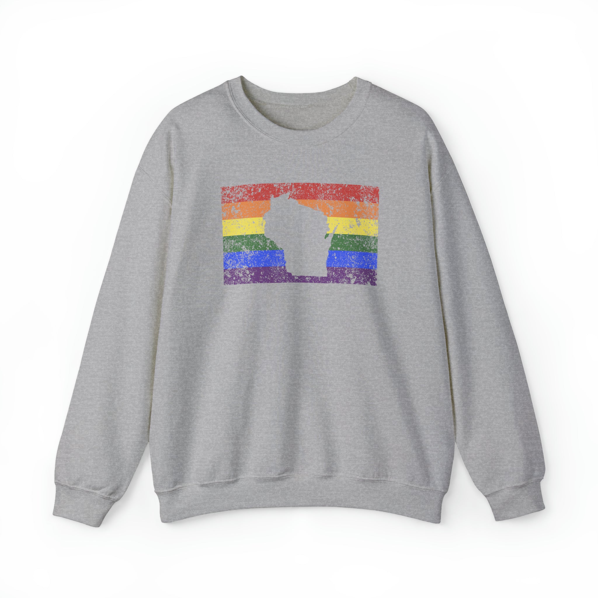 Wisconsin Pride Flag Sweater: Rainbow LGBTQ+ State Silhouette Distressed Sweatshirt