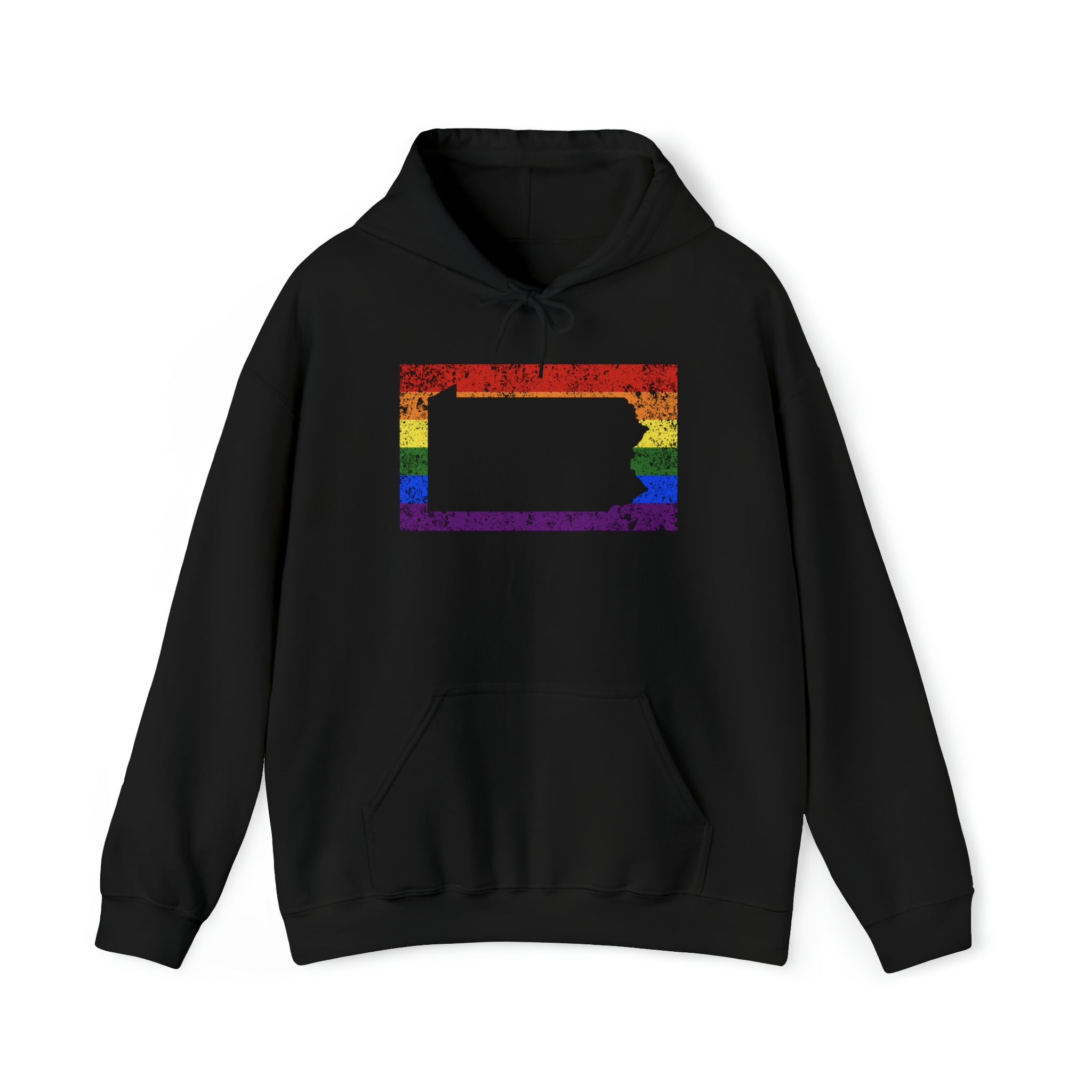 Pennsylvania Pride Flag Hoodie: Rainbow LGBTQ+ State Silhouette Distressed Hooded Sweatshirt