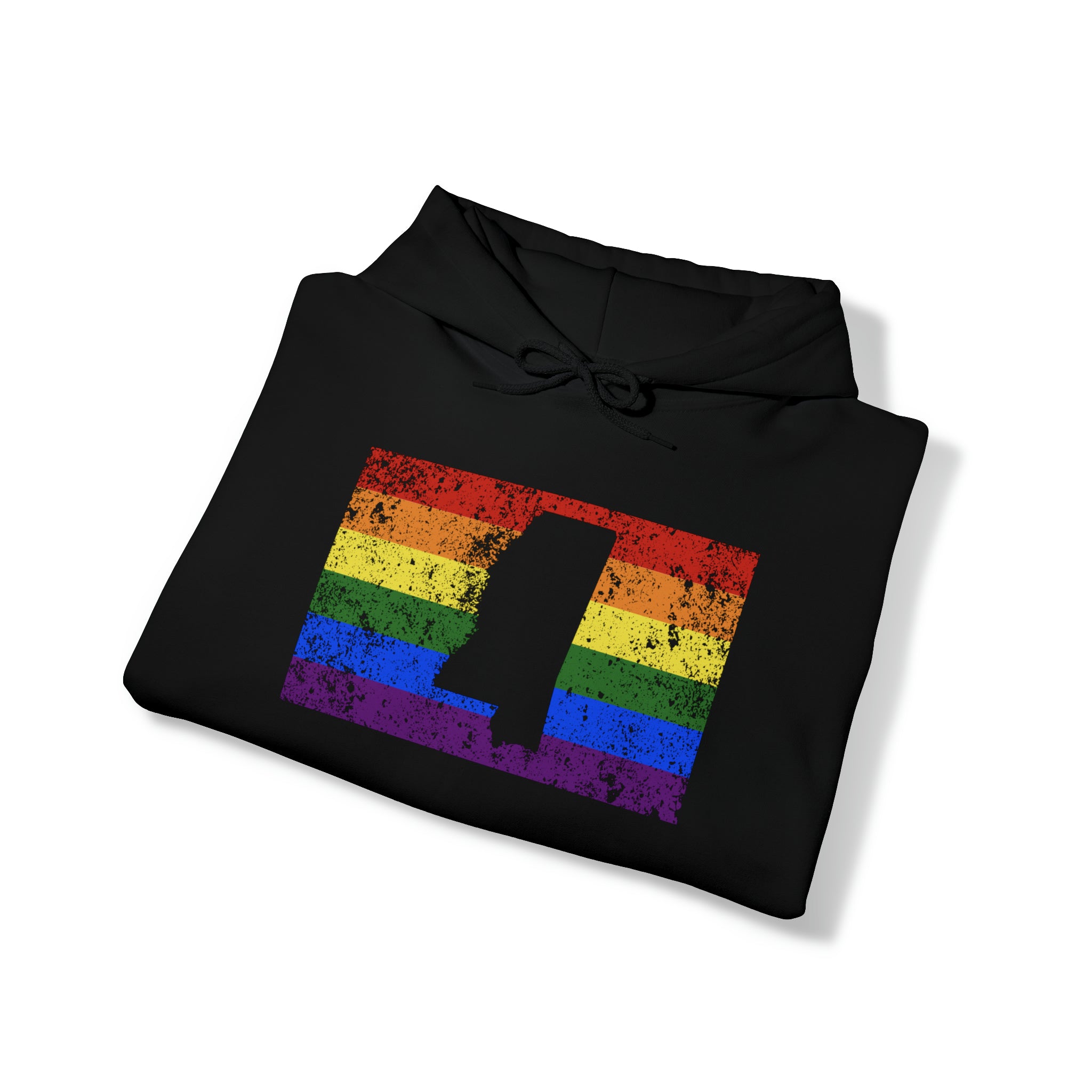 Mississippi Pride Flag Hoodie: Rainbow LGBTQ+ State Silhouette Distressed Hooded Sweatshirt