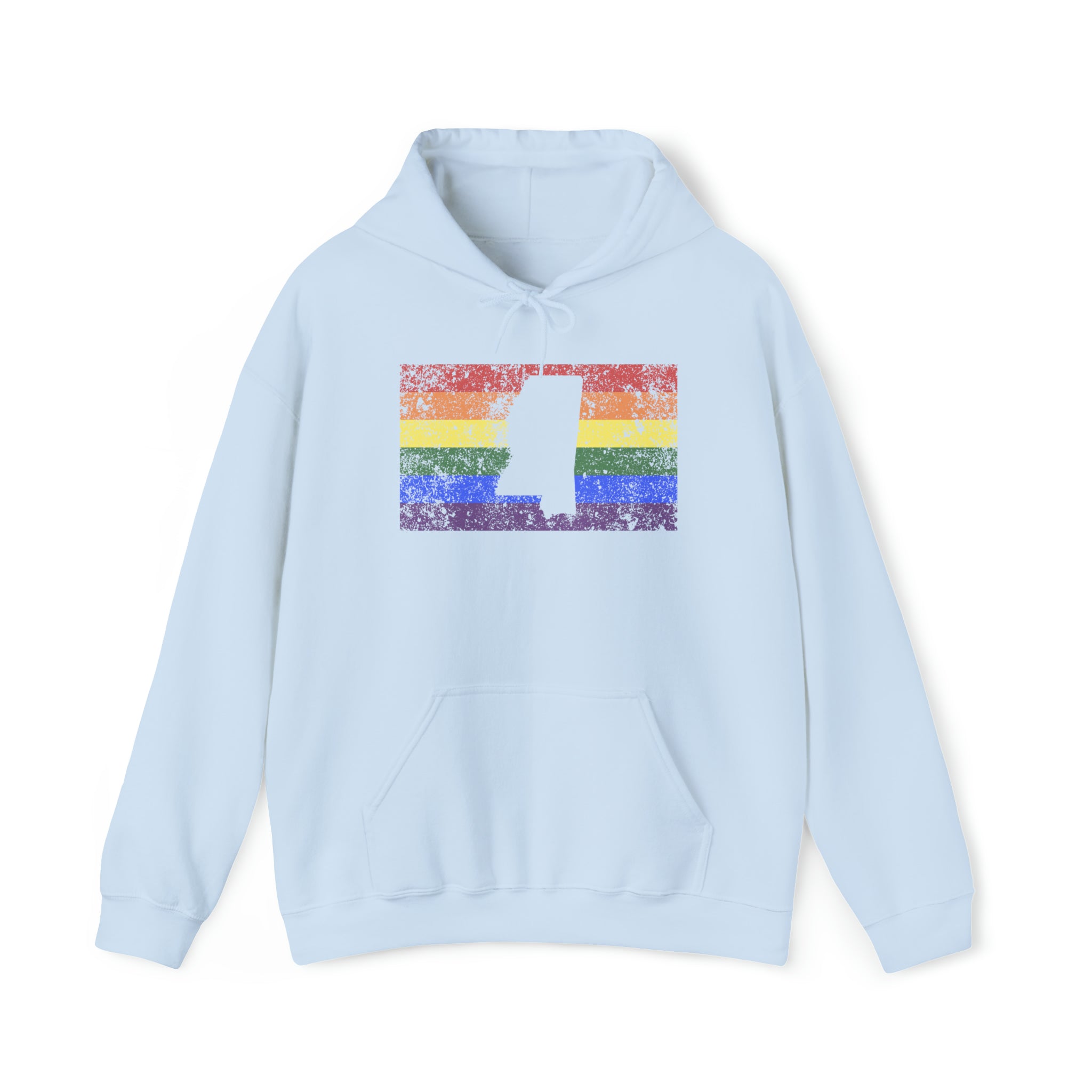 Mississippi Pride Flag Hoodie: Rainbow LGBTQ+ State Silhouette Distressed Hooded Sweatshirt