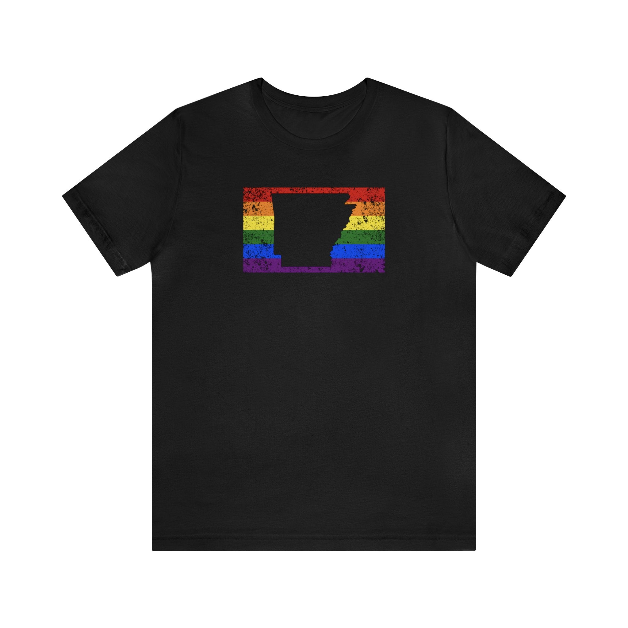 Arkansas Pride Flag Tee: Rainbow LGBTQ+ State Silhouette Distressed Shirt