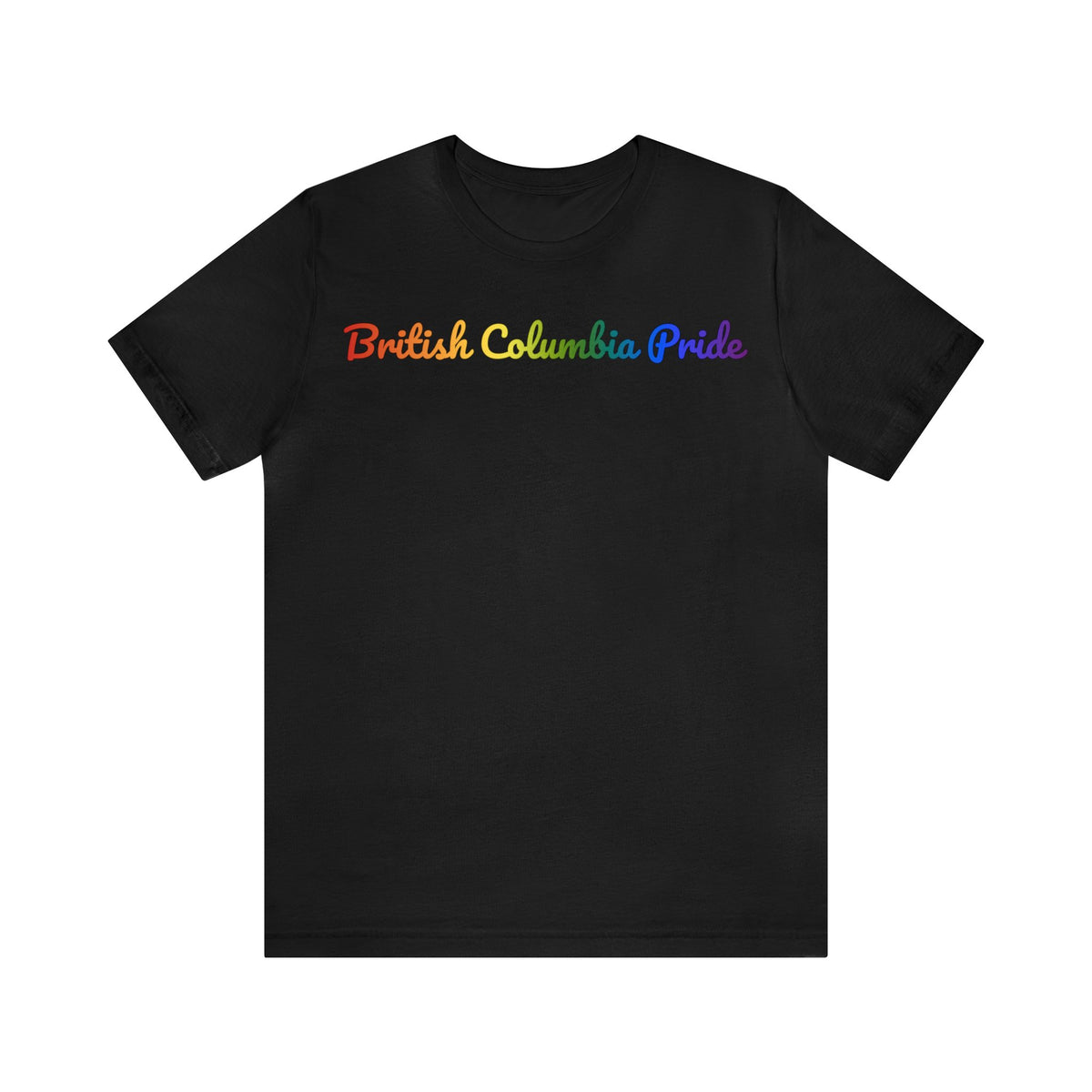 British Columbia Pride T-Shirt: Flowing Cursive Design with LGBTQ+ Gradient