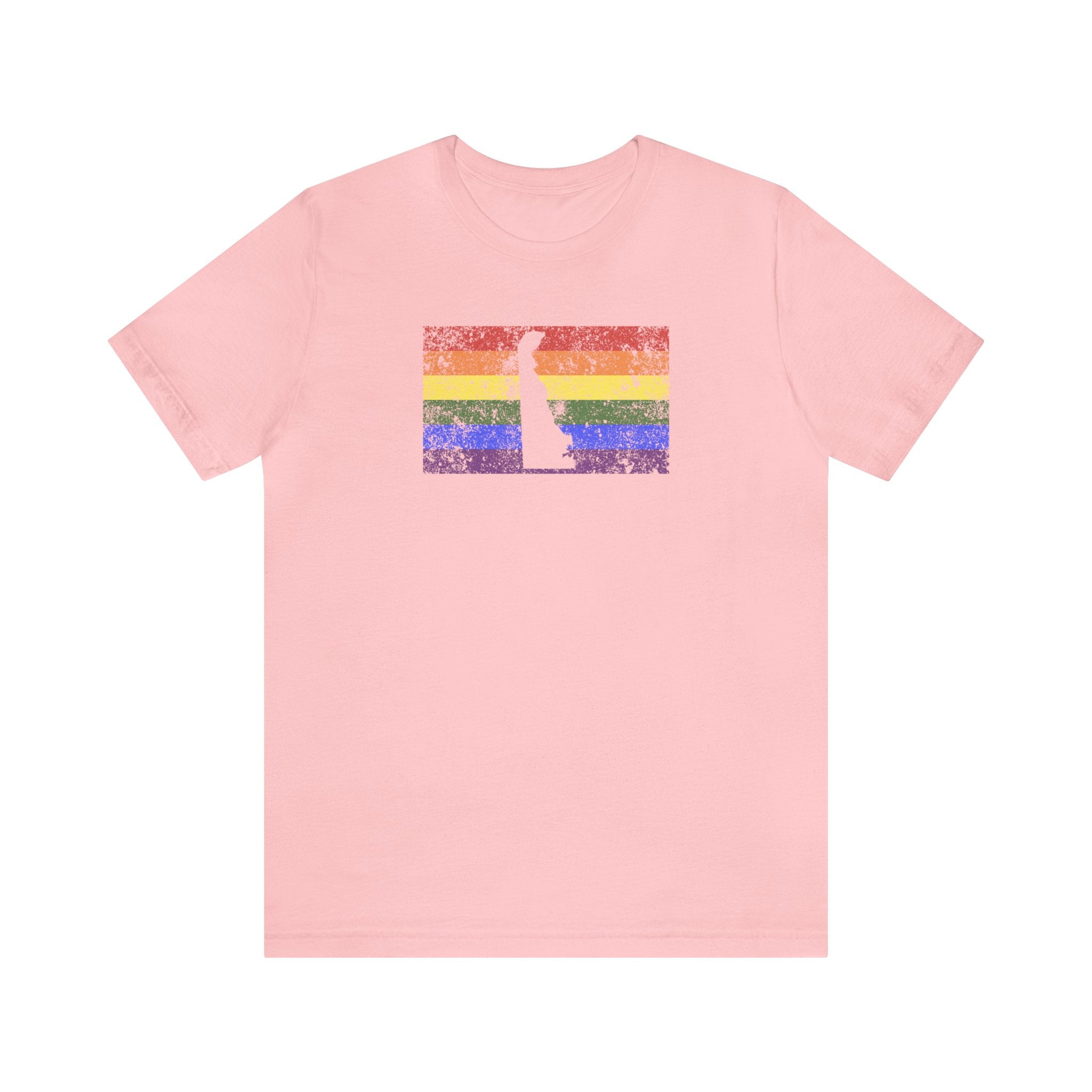 Delaware Pride Flag Tee: Rainbow LGBTQ+ State Silhouette Distressed Shirt