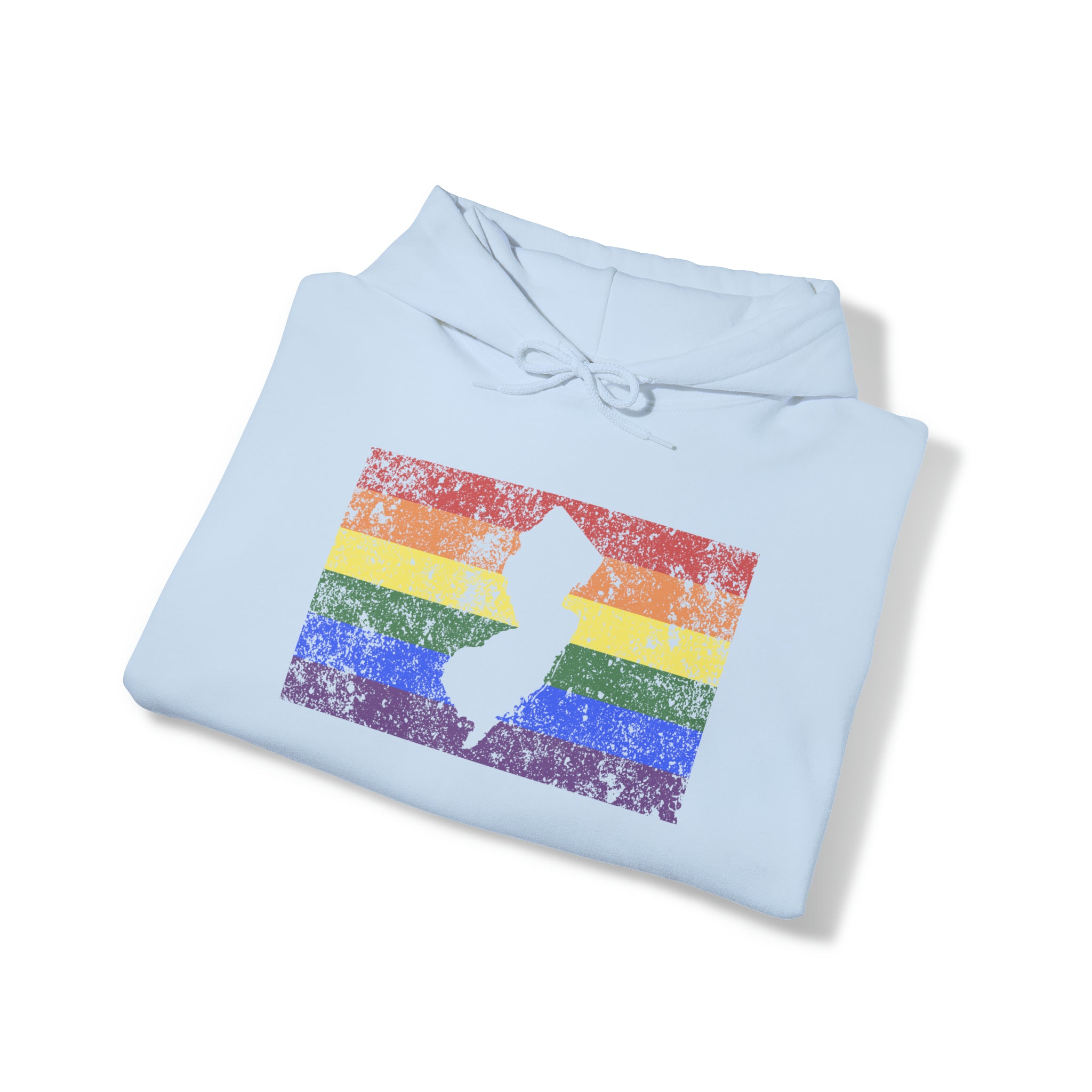 New Jersey Pride Flag Hoodie: Rainbow LGBTQ+ State Silhouette Distressed Hooded Sweatshirt