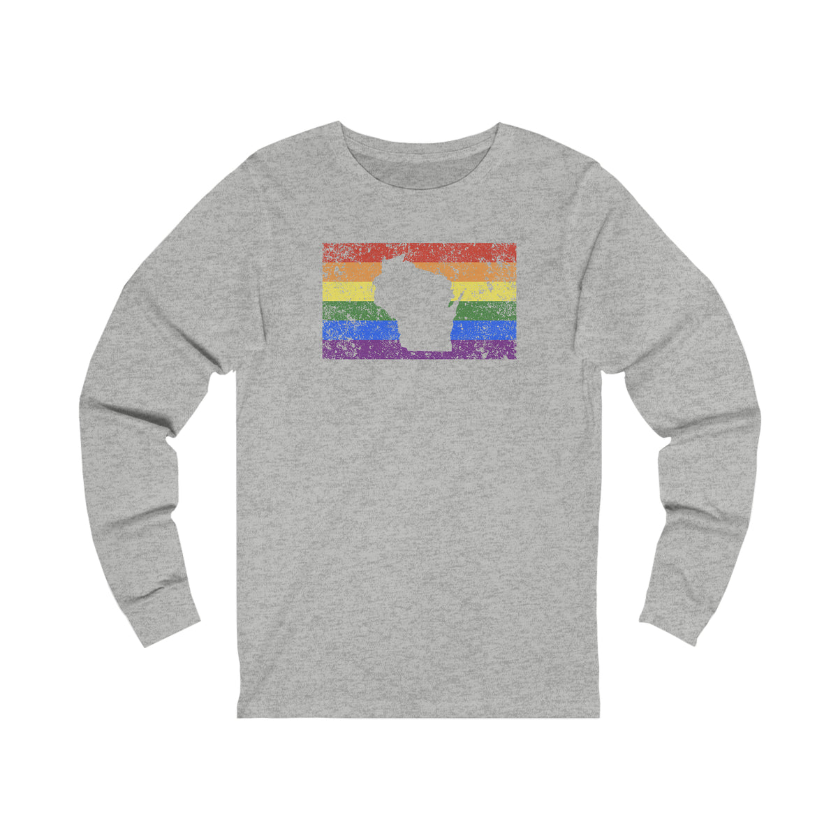 Wisconsin Pride Flag Long Sleeve Tee: Rainbow LGBTQ+ State Silhouette Distressed Long Sleeve T-Shirt