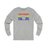 Wisconsin Pride Flag Long Sleeve Tee: Rainbow LGBTQ+ State Silhouette Distressed Long Sleeve T-Shirt