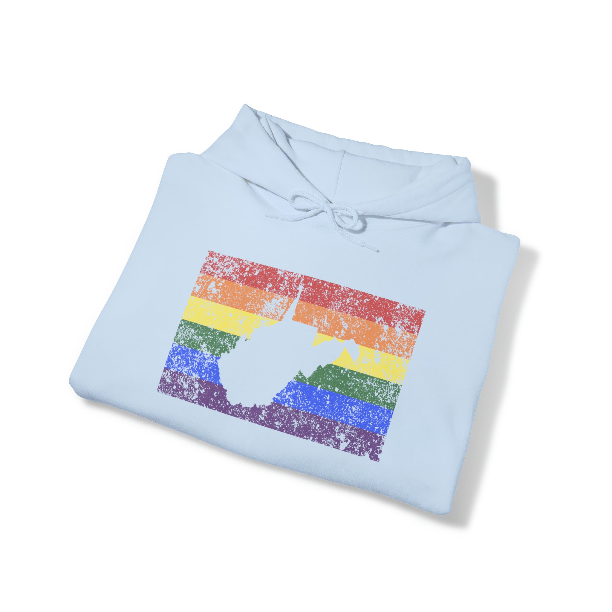 West Virginia Pride Flag Hoodie: Rainbow LGBTQ+ State Silhouette Distressed Hooded Sweatshirt