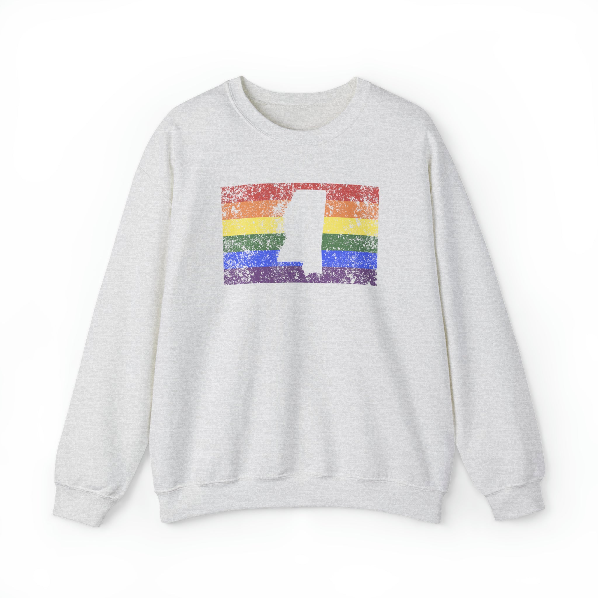 Mississippi Pride Flag Sweater: Rainbow LGBTQ+ State Silhouette Distressed Sweatshirt
