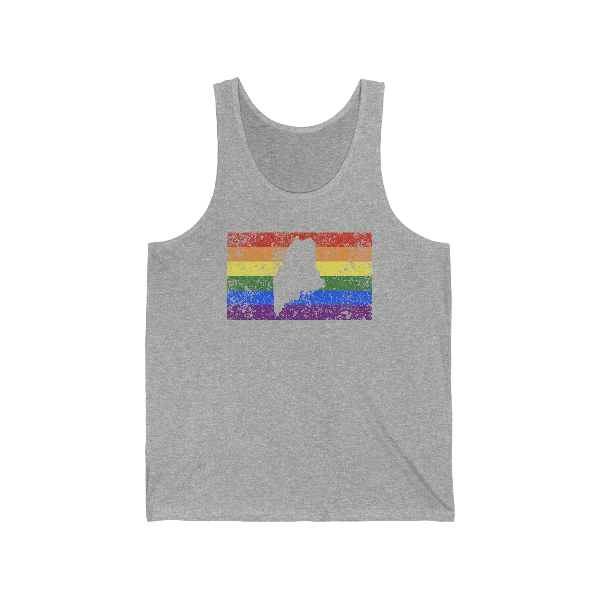Maine Pride Flag Tank: Rainbow LGBTQ+ State Silhouette Distressed Tank-Top