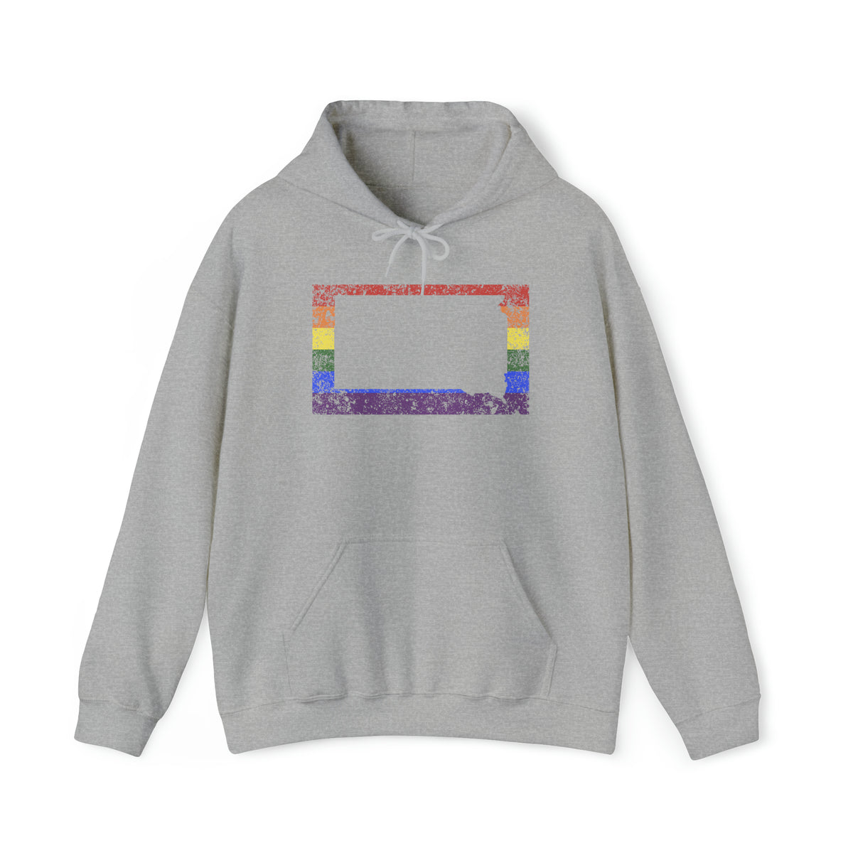South Dakota Pride Flag Hoodie: Rainbow LGBTQ+ State Silhouette Distressed Hooded Sweatshirt