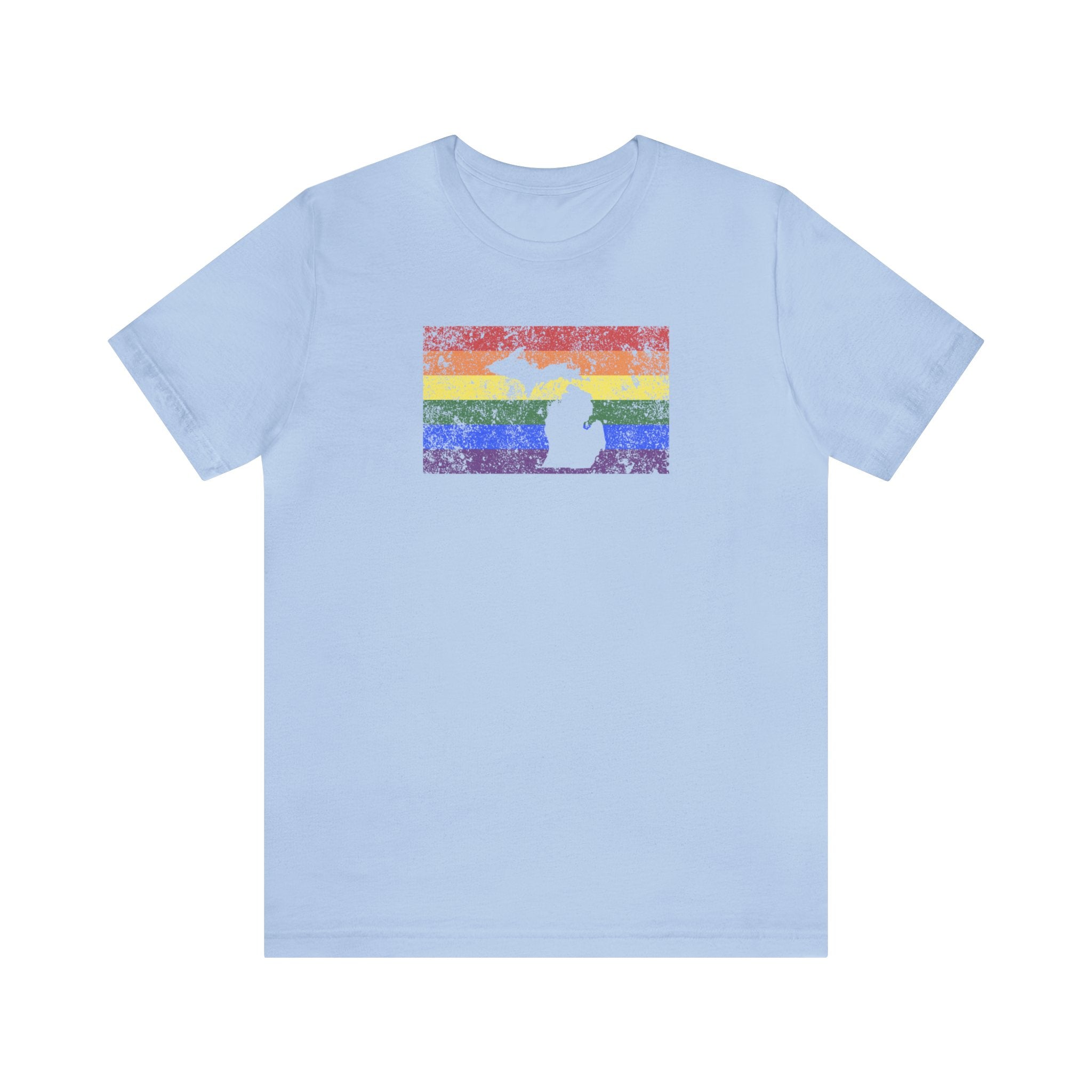 Michigan Pride Flag Tee: Rainbow LGBTQ+ State Silhouette Distressed Shirt