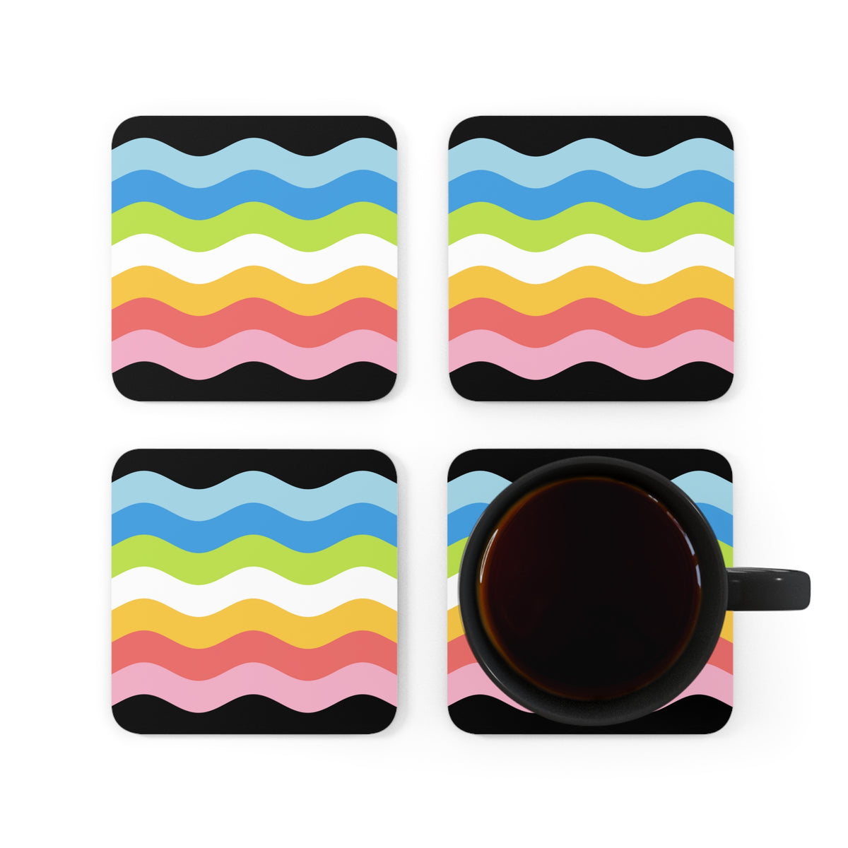 Queer Pride Flag Coaster Set: 4 Corkwood Ripple Drink Coasters
