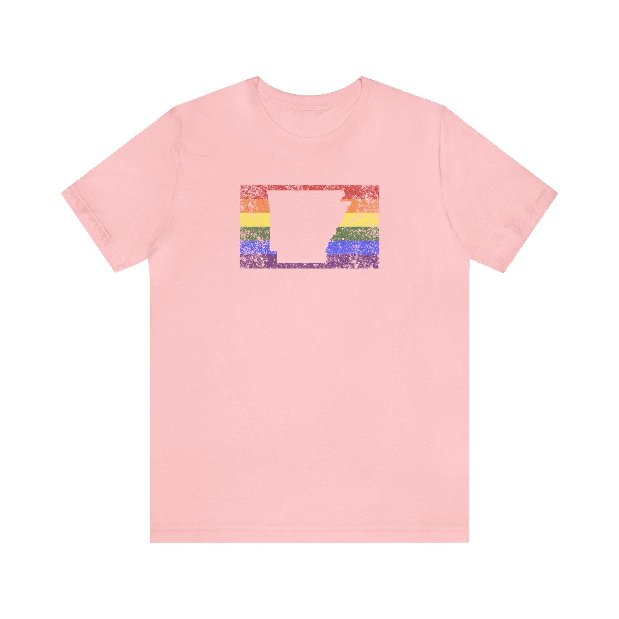 Arkansas Pride Flag Tee: Rainbow LGBTQ+ State Silhouette Distressed Shirt