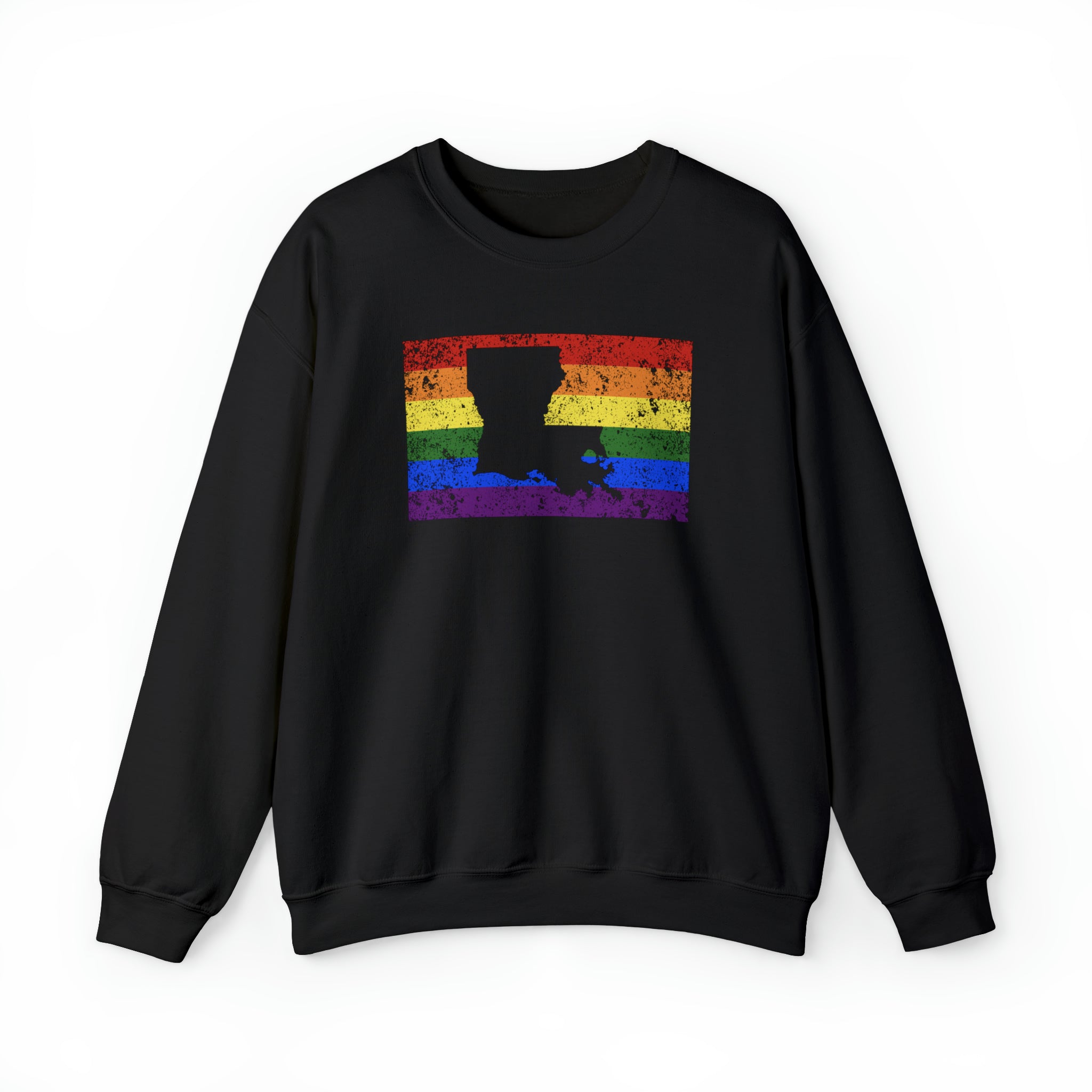 Louisiana Pride Flag Sweater: Rainbow LGBTQ+ State Silhouette Distressed Sweatshirt